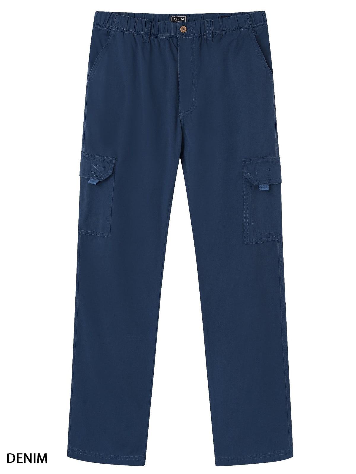 A pair of Atlas Cargo Pants in blue, made from 100% cotton denim, featuring an elastic waistband, side pockets, and two cargo pockets on each thigh. The casual cargo pants are displayed on a plain white background. Text at the bottom left corner reads "DENIM.