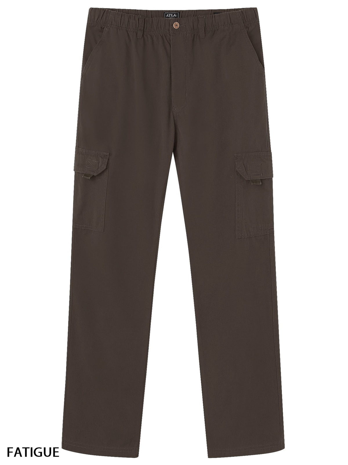 A pair of Atlas Cargo Pants in dark brown, crafted from 100% cotton, featuring an elastic waistband and multiple pockets. These pants include cargo pockets on both thighs and side pockets near the hips. A tag at the waistband reads "FATIGUE.