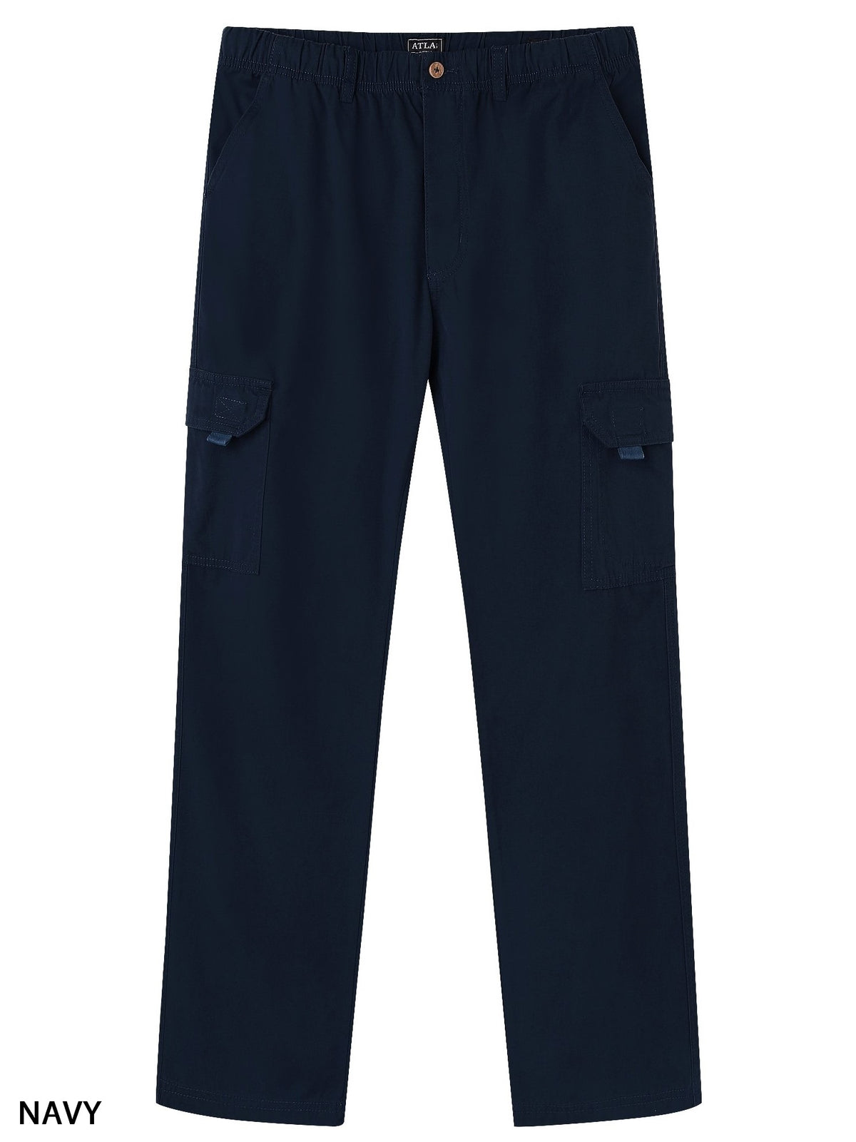 A pair of navy blue Atlas Cargo Pants, crafted from 100% cotton, featuring side pockets on each leg and a button-fastened waistband, displayed against a white background. The word "NAVY" is shown in the bottom left corner of the image.