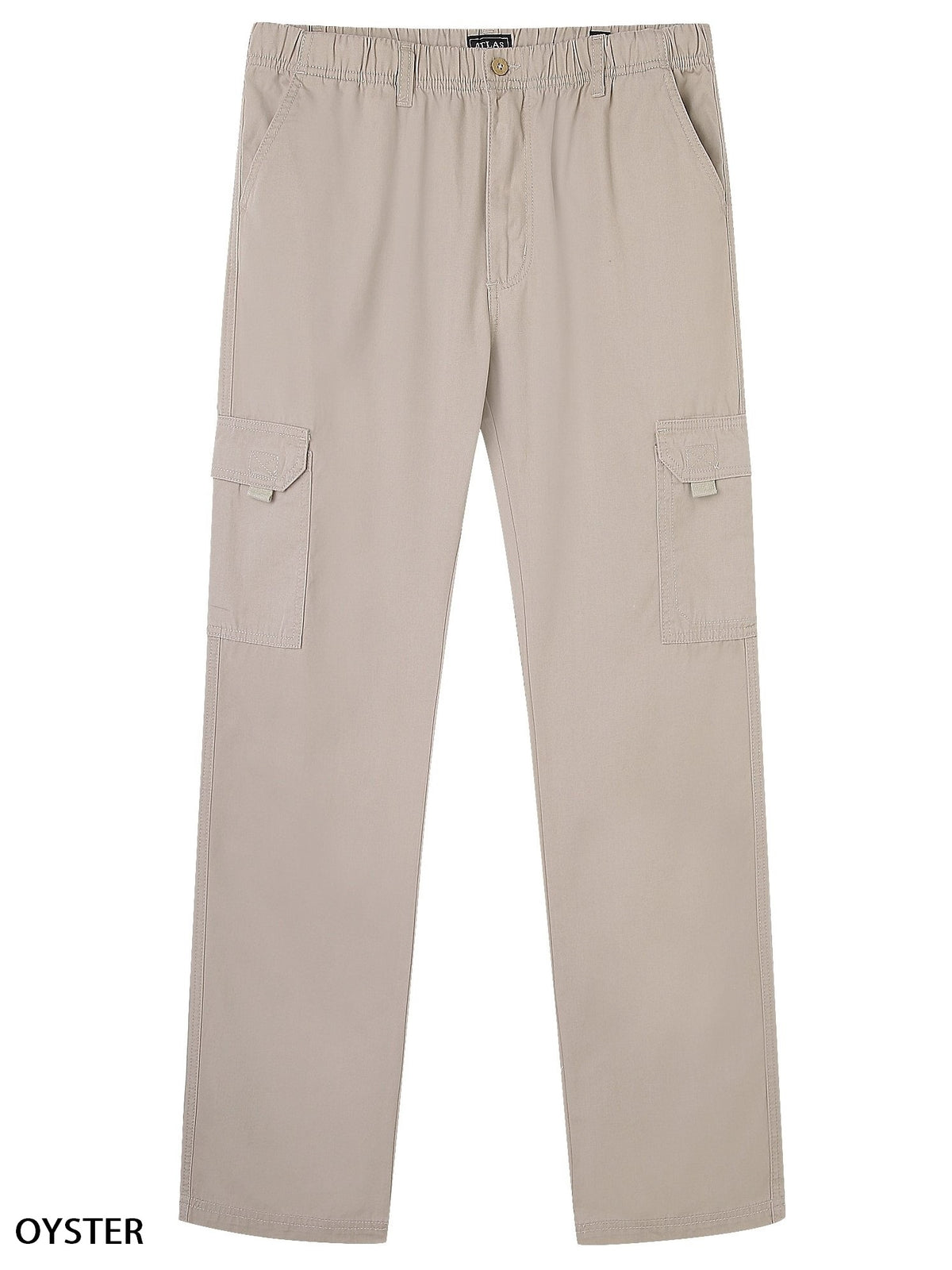 Light beige cargo pants labeled "Oyster," known as the Atlas Cargo Pants. These 100% cotton pants feature an elastic waistband, a zip fly with a button, and two large cargo pockets on the sides. The lightweight fabric gives them a casual feel, making them ideal for any outing.