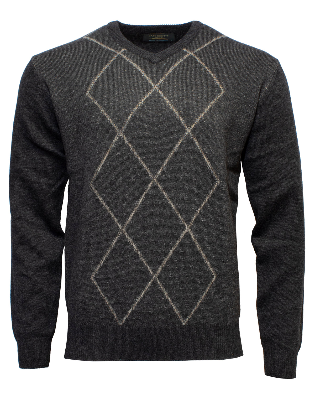 The Ansett Wool Cashmere Argyle Vee Neck Knit is a dark gray sweater with a light gray diamond argyle pattern, ribbed sleeves and hem, shown on a plain white background.