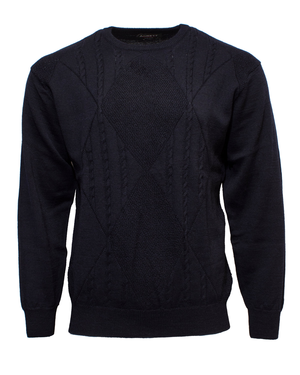 The Ansett Pure New Wool Cable Diamond Crew Knit is a black sweater with long sleeves and a textured diamond and cable pattern on the front.