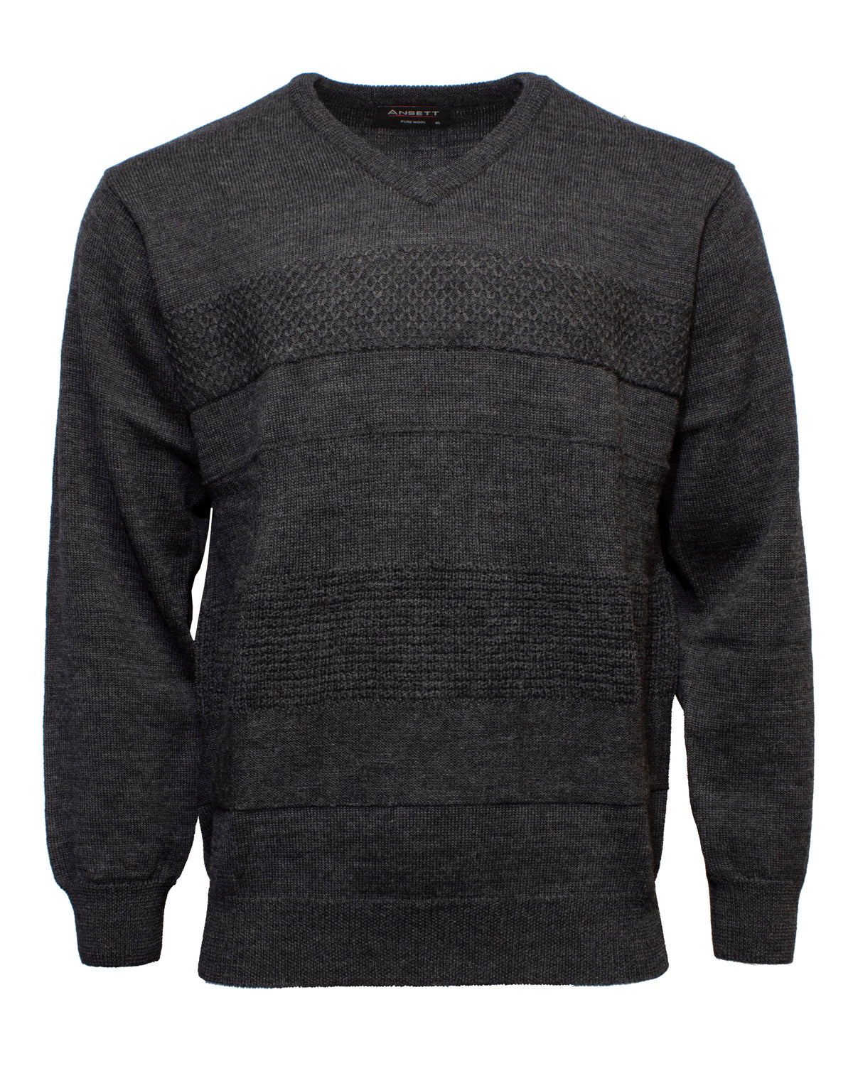The Ansett Pure New Wool Self Stripe Vee Knit is a dark gray long-sleeve sweater with subtle horizontal textured stripes, a vee neck, and finished with ribbed cuffs and hem. Made from pure wool for comfort and warmth.