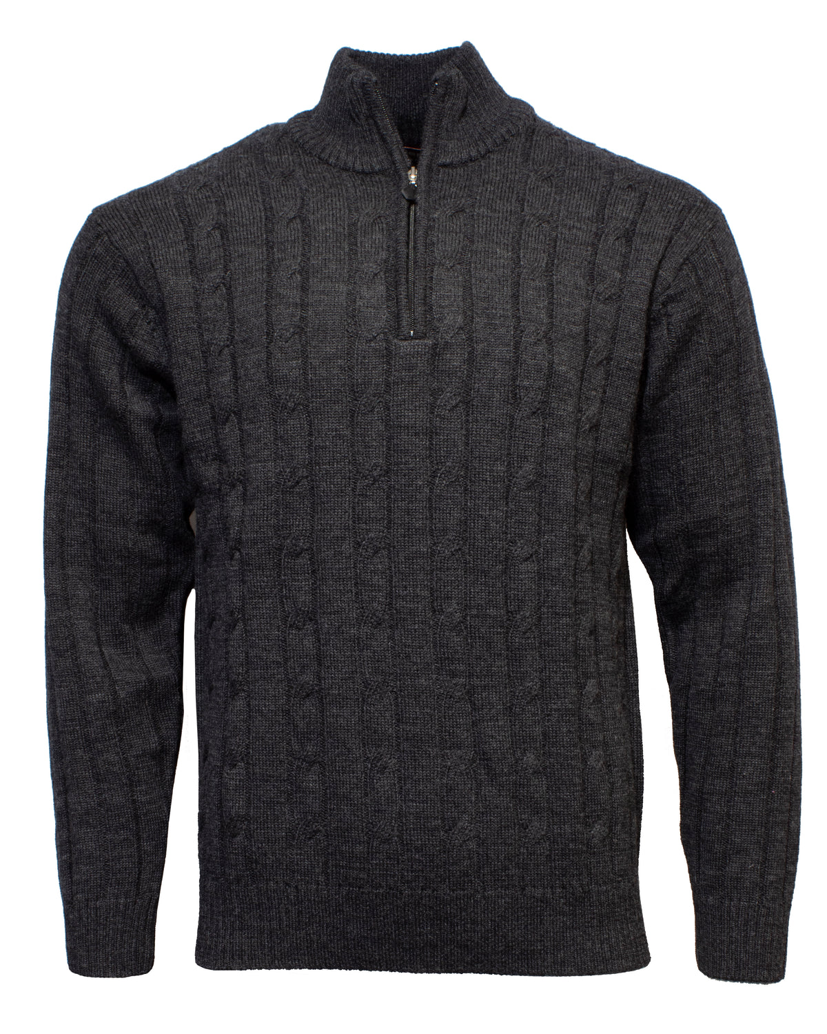 The Ansett Pure Wool 1/2 Zip Cable Knit is a dark gray long-sleeve sweater featuring pure wool construction and cable-knit detailing, shown on a white background.