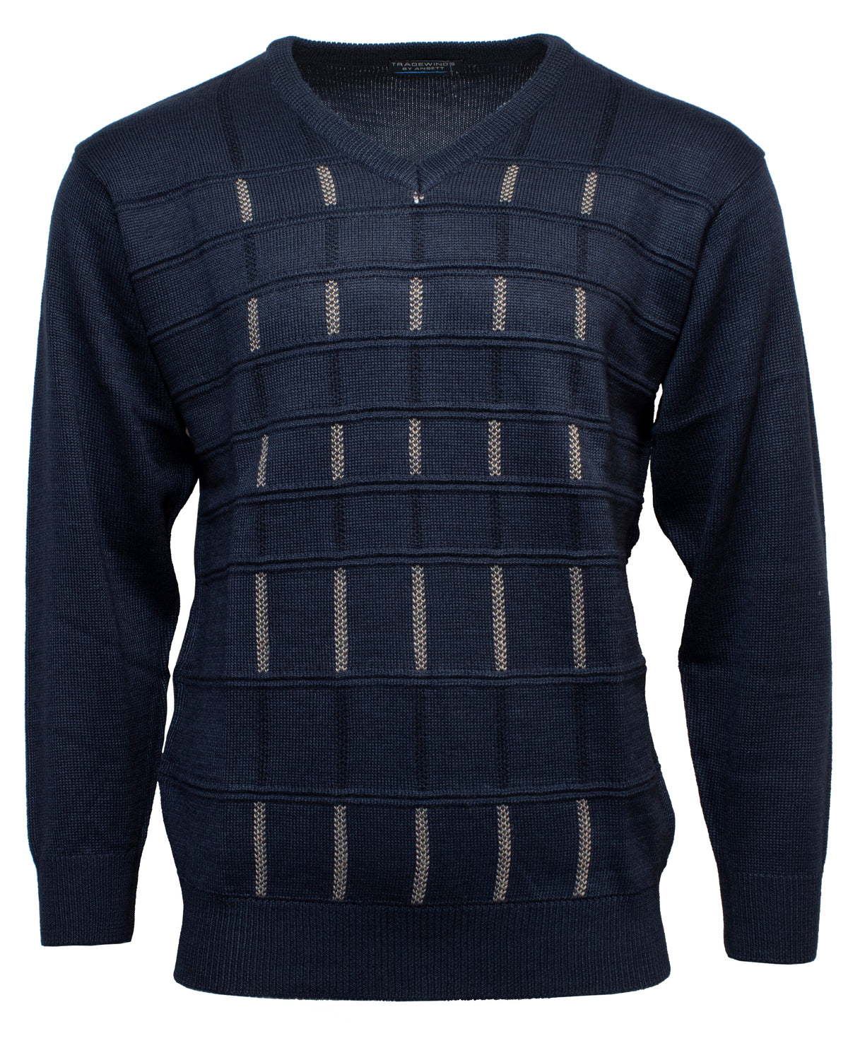 The Ansett Tradewinds Jacquard Vee Knit is a navy blue sweater with a textured grid pattern, light gray stitched accents on the front, and plain sleeves and body to showcase its unique chest detailing.