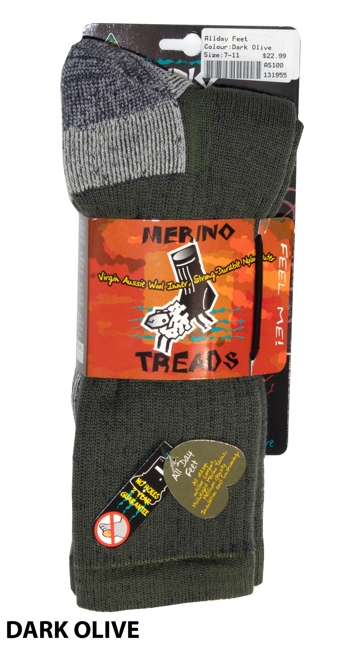 A pair of Merino Treads Allday Feet socks in dark olive, packaged with a black and orange label that highlights features such as "Feel Me!" and "Virgin Aussie Wool." Ideal for outdoor everyday use, the packaging lists size 11-14 and is priced at $22.99. The word "DARK OLIVE" is located at the bottom left of the label.