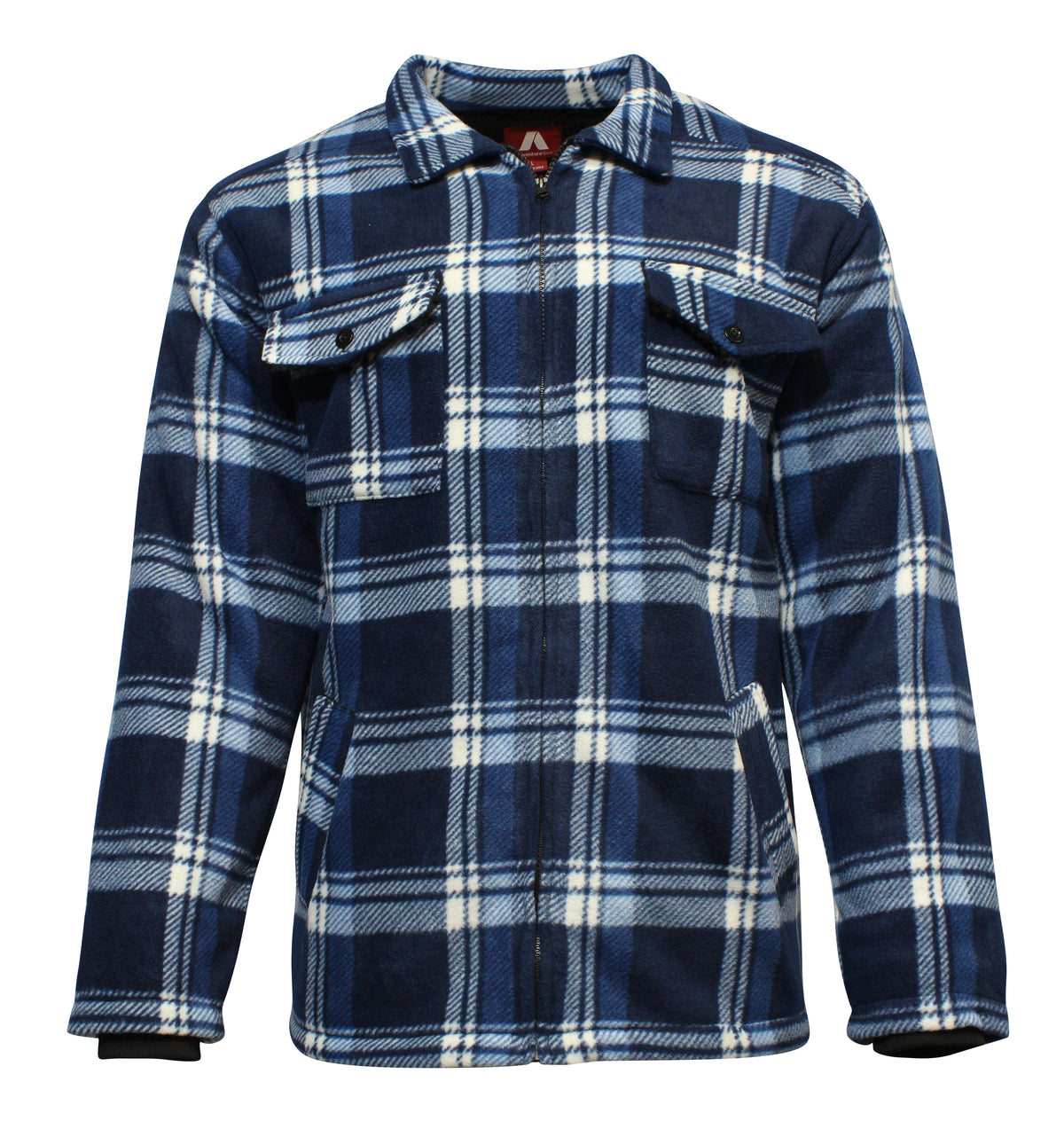 The Adventureline Sherpa Shearers Jacket is a blue and white plaid fleece polyester jacket with a front zipper, two chest pockets with button flaps, two side pockets, a classic collar, and long sleeves.