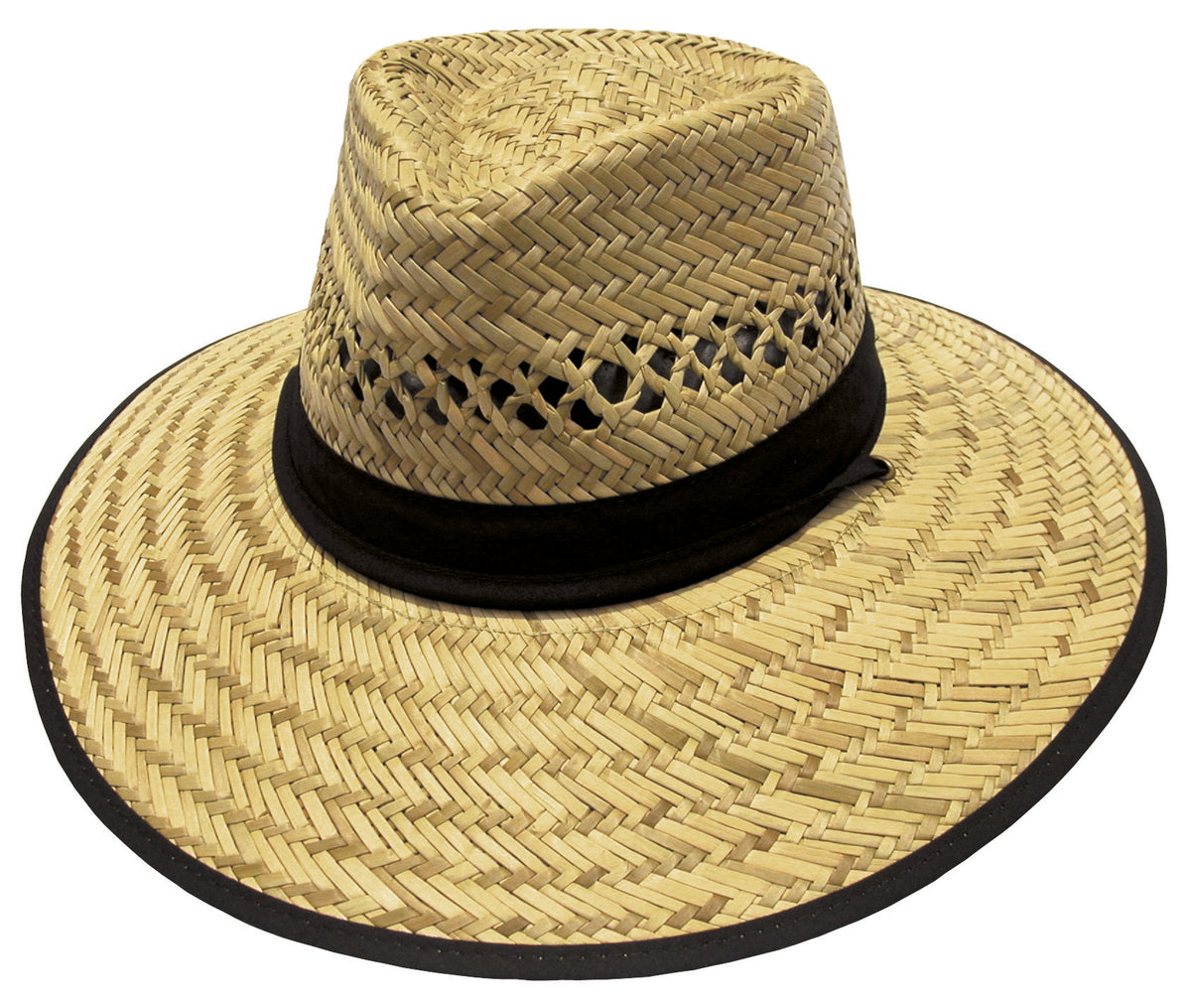 The Avenel Cotton Trim Harvester Tie & Toggle Hat is a straw hat crafted from natural fibers, featuring a black band around the crown base. Its wide brim and woven design include small decorative holes near the top, blending style with ventilation.