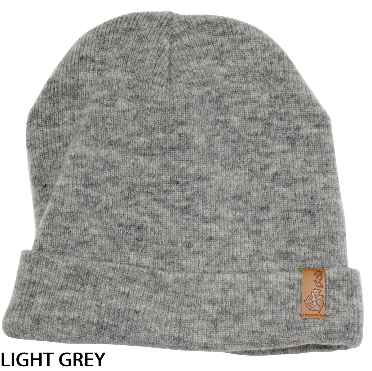 The Anticorp Merino Lined Beanie in light grey features a folded brim and a small brown leather logo patch. Ideal for cold weather, "LIGHT GREY" is displayed in the bottom left corner.