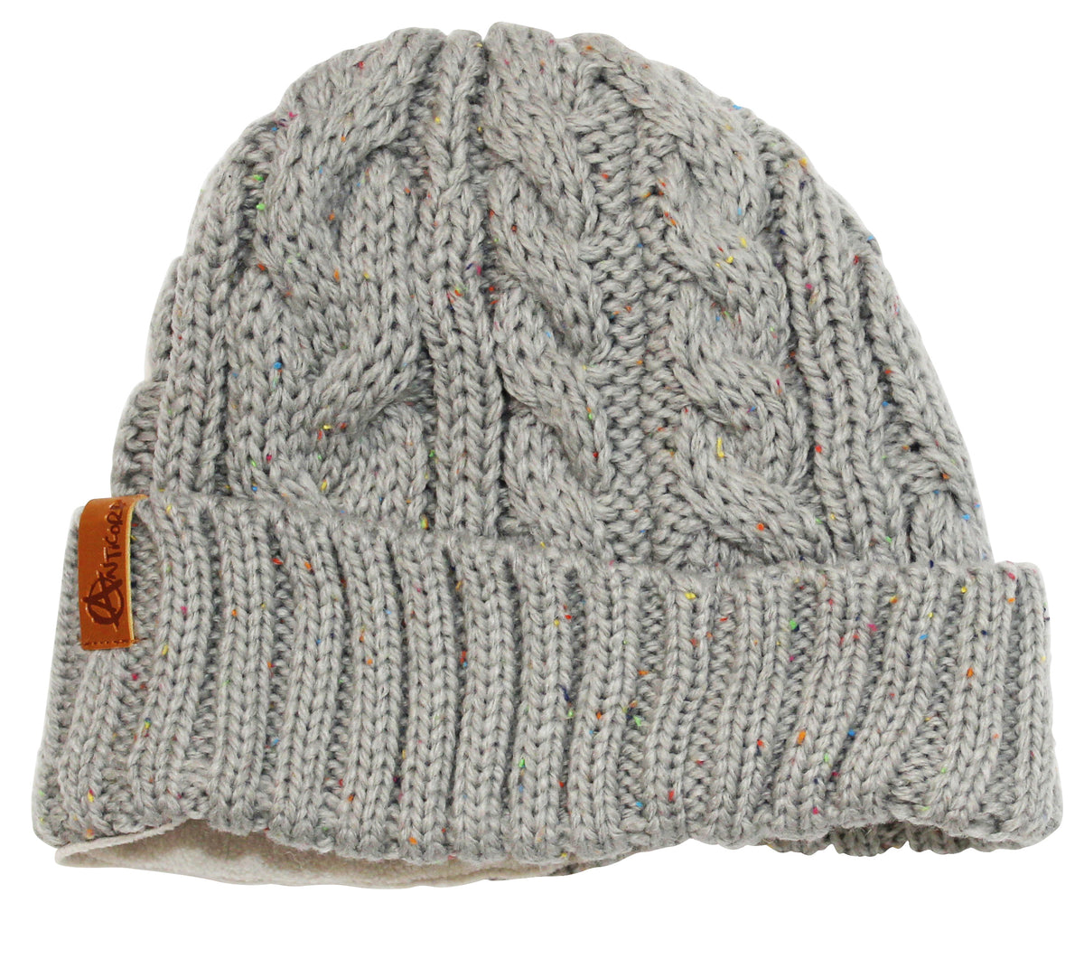 The Anticorp Ladies Twist Lined Beanie is a grey, cable-knit beanie adorned with multicolored speckles. It features a folded brim, soft fleece lining for added comfort, and a small brown leather Anticorp label on the side.