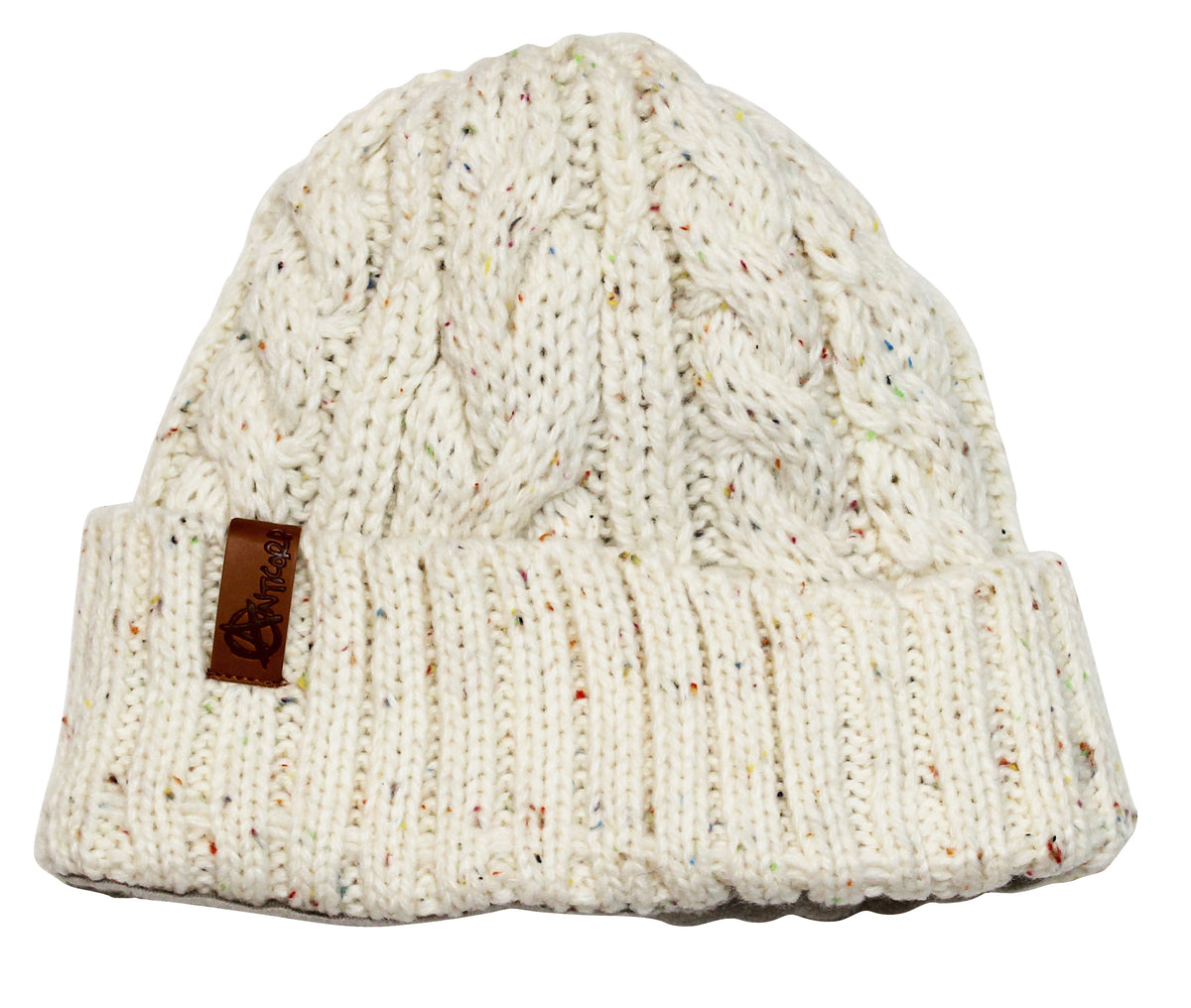 The Anticorp Ladies Twist Lined Beanie is a white knitted hat adorned with colorful speckles and a folded brim. It boasts a brown leather patch on the brim with an embossed logo, showcasing a cable knit pattern and enhanced with a soft fleece lining for added warmth.