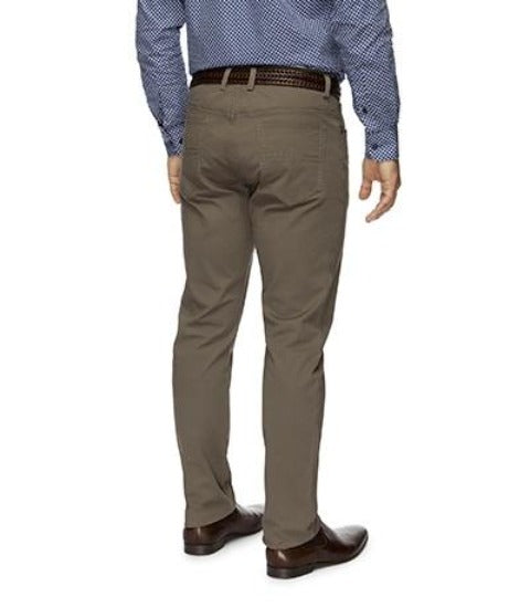 A person is standing and facing away from the camera, wearing a blue patterned shirt, a brown belt, slim fit khaki "Austin Road Pant" trousers by City Club, and brown dress shoes. The outfit is formal-casual.