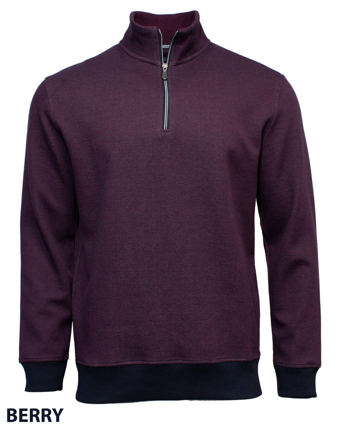 The Back Bay Jacquard Half Zip Fleece in berry features long sleeves, a high collar, black trim on the cuffs and hem, a stylish half zip for versatility, and "BERRY" displayed at the bottom left.
