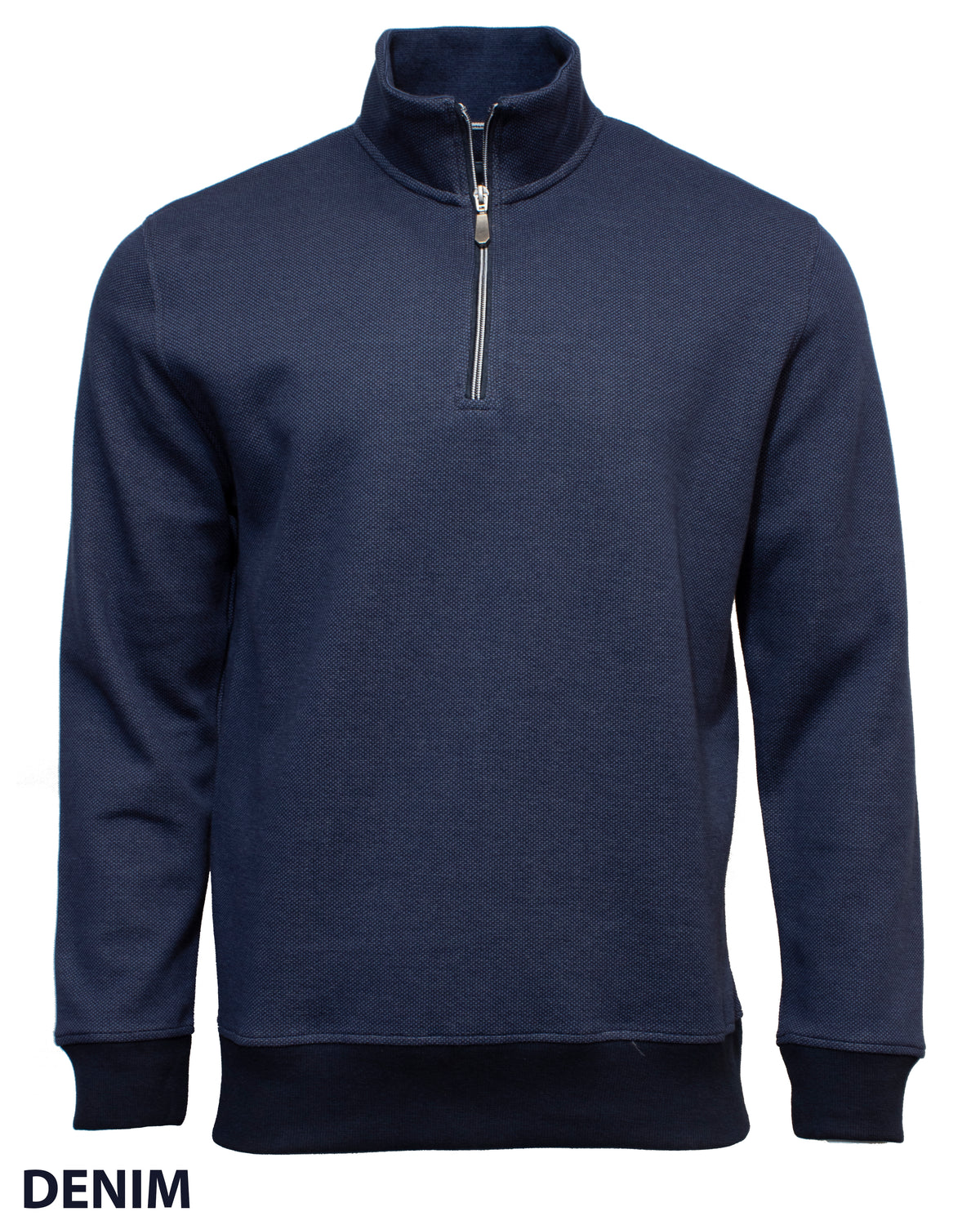 The Back Bay Jacquard Half Zip Fleece in Denim features long sleeves, a soft fabric, neat finishes, and a half zip collar. "DENIM" is subtly detailed at the bottom left corner, enhancing this classic style.