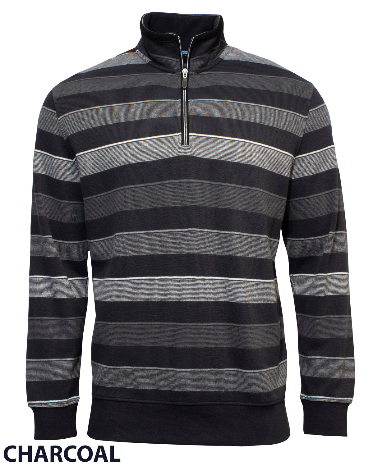 The Back Bay Striped Half Zip Fleece features long sleeves, a charcoal-and-gray striped design, a black stand-up collar, and a half zip front—perfect for casual strolls. "CHARCOAL" is displayed at the bottom left.