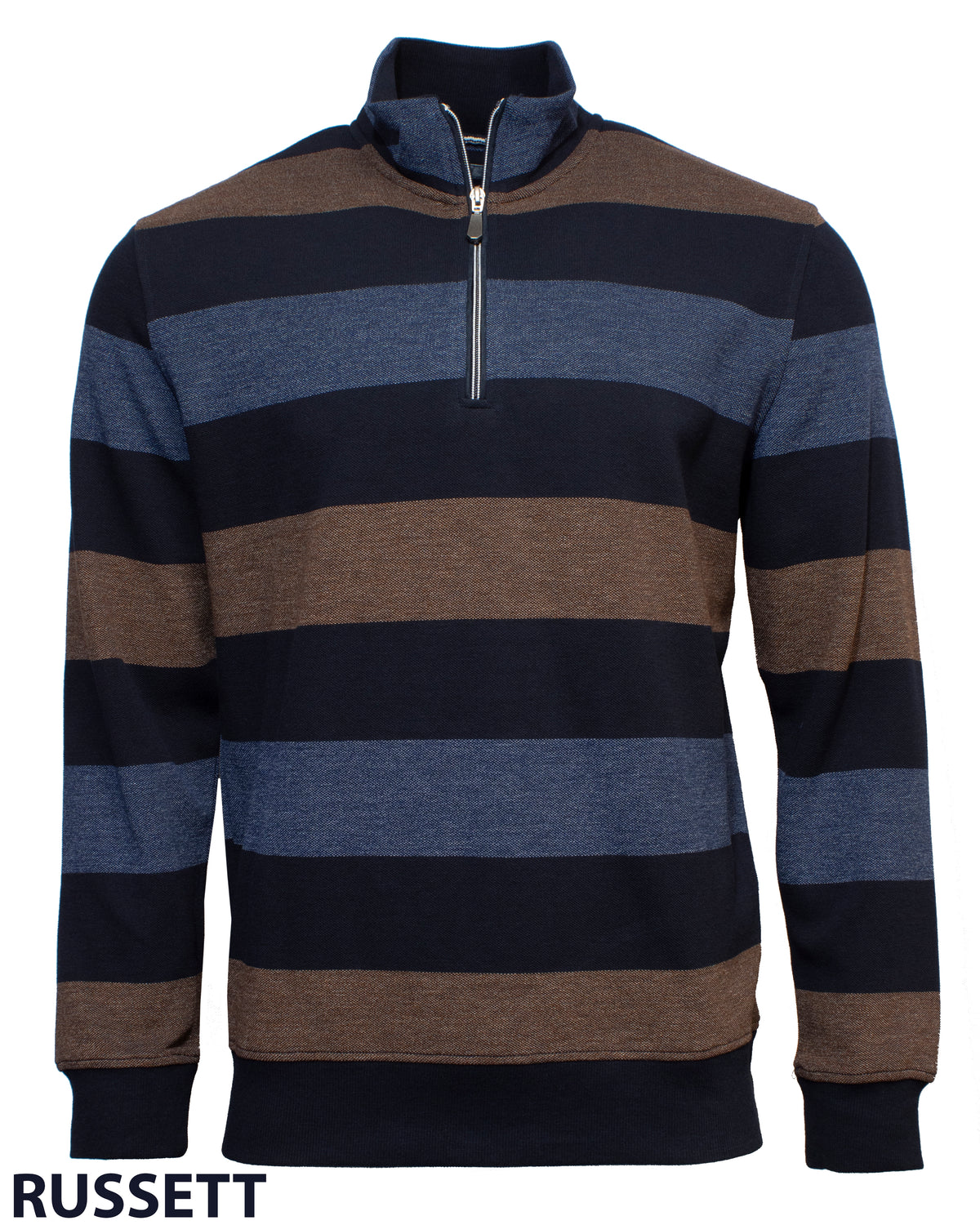 The Back Bay Striped Half Zip Fleece in Russet features a cozy fleece design with wide navy, brown, and blue stripes, a half zip collar, and "RUSSETT" at the bottom left—ideal for breezy Back Bay strolls.
