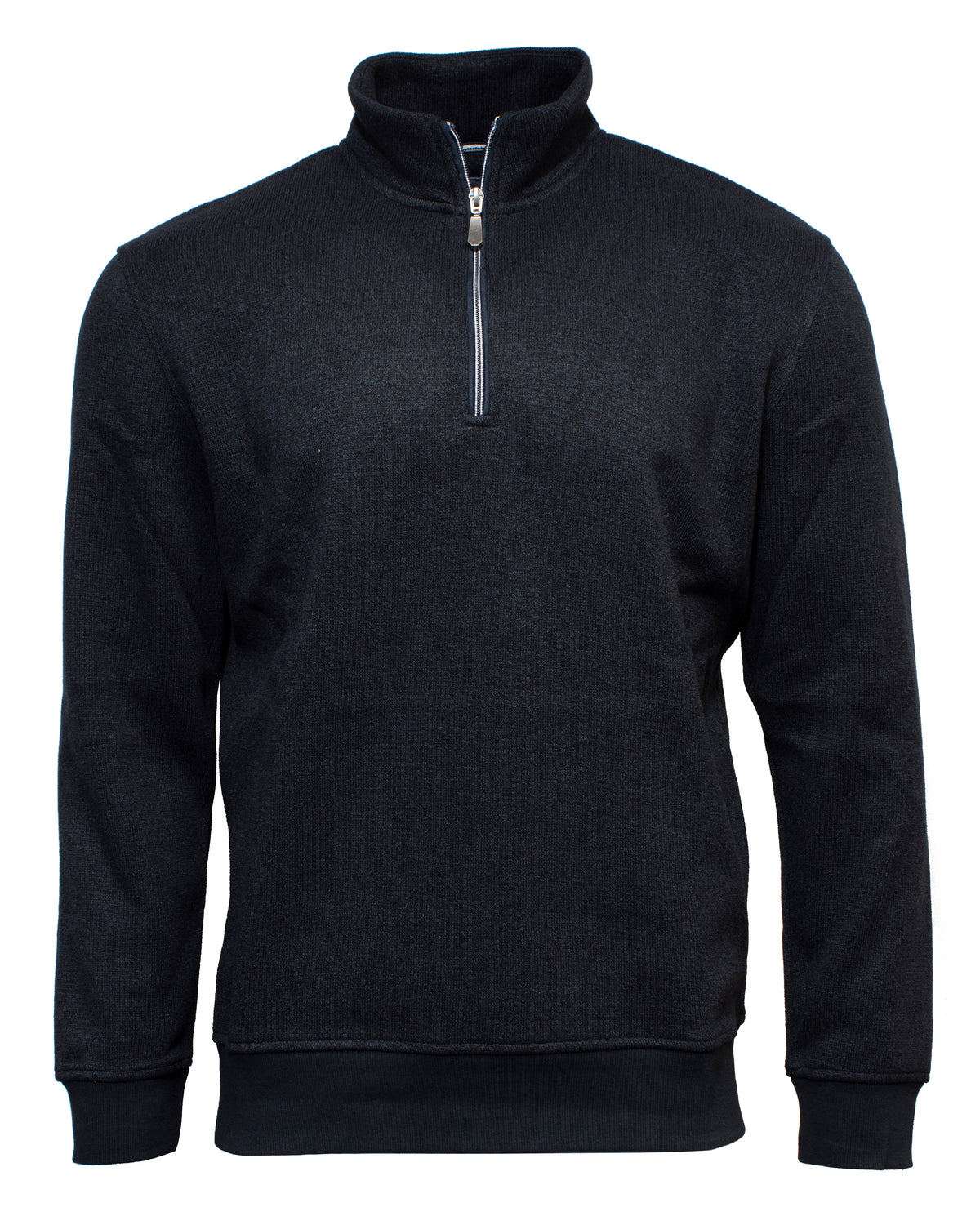 The Back Bay Plain Half Zip Sweat is a black, long-sleeved fleece pullover featuring a silver half-zip front. It boasts rib-knit cuffs and a high collar, giving it a soft fabric appearance. The sweater is showcased against a plain white background.
