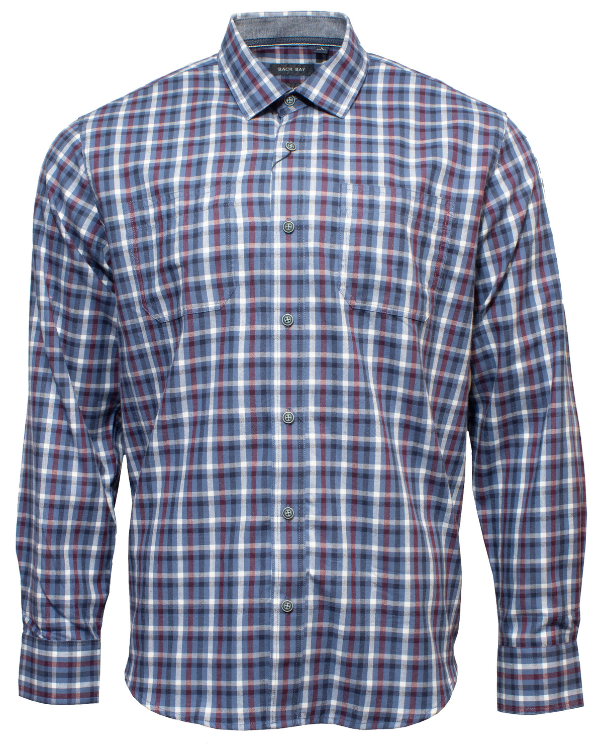 The Back Bay Brushed Cotton Shirt is a stylish, long-sleeved, button-up men's shirt with a classic collar. Featuring a plaid pattern in shades of blue, white, and red, it's made from 100% cotton for a comfortable fit. The shirt includes a left chest pocket and curved hem.