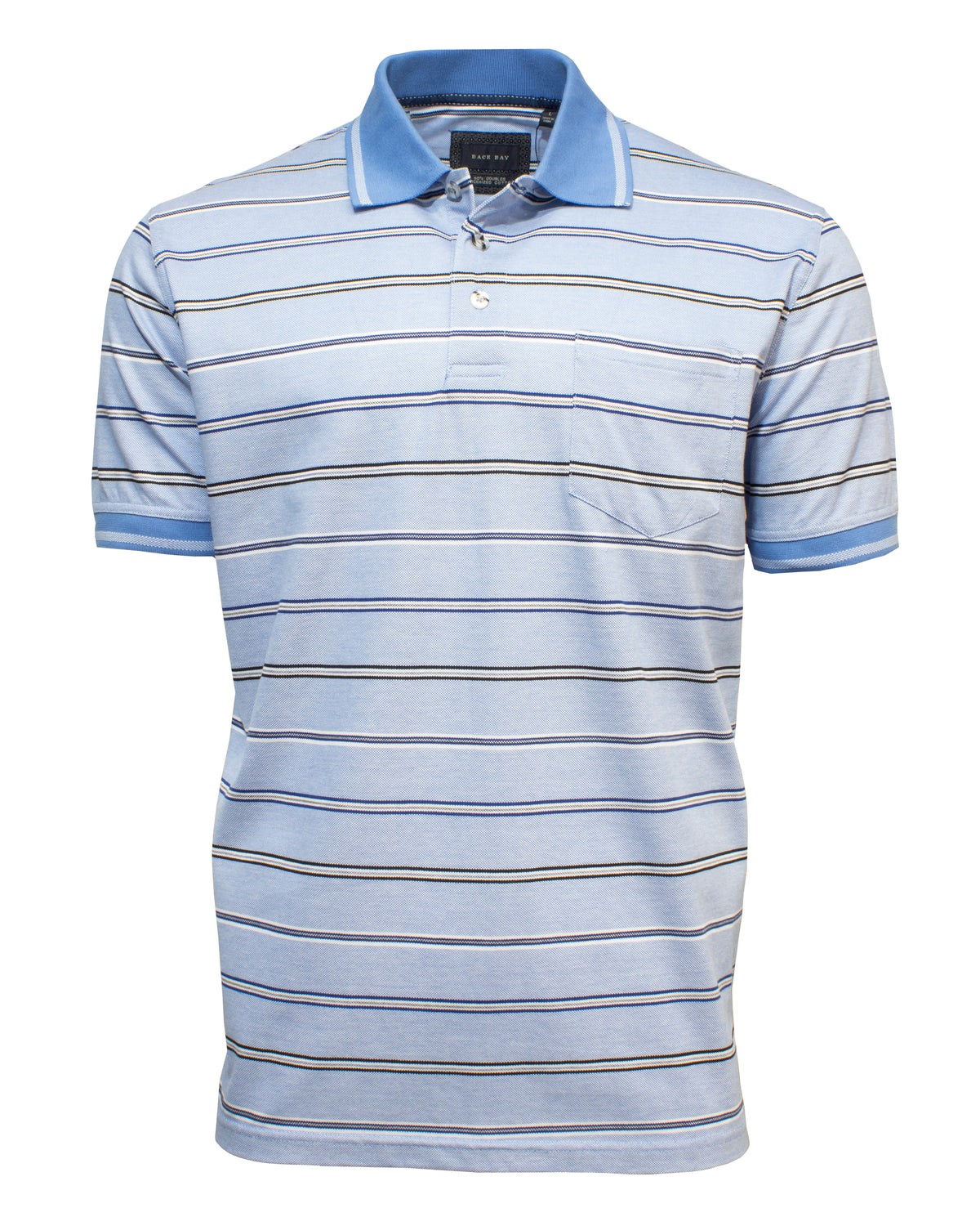 The Back Bay Mercerised Cotton Pique Stripe Polo is a comfortable light blue short-sleeve shirt made of soft cotton. It features thin horizontal black and white stripes, a stylish blue collar, sleeve cuffs, and a handy chest pocket on the left side.
