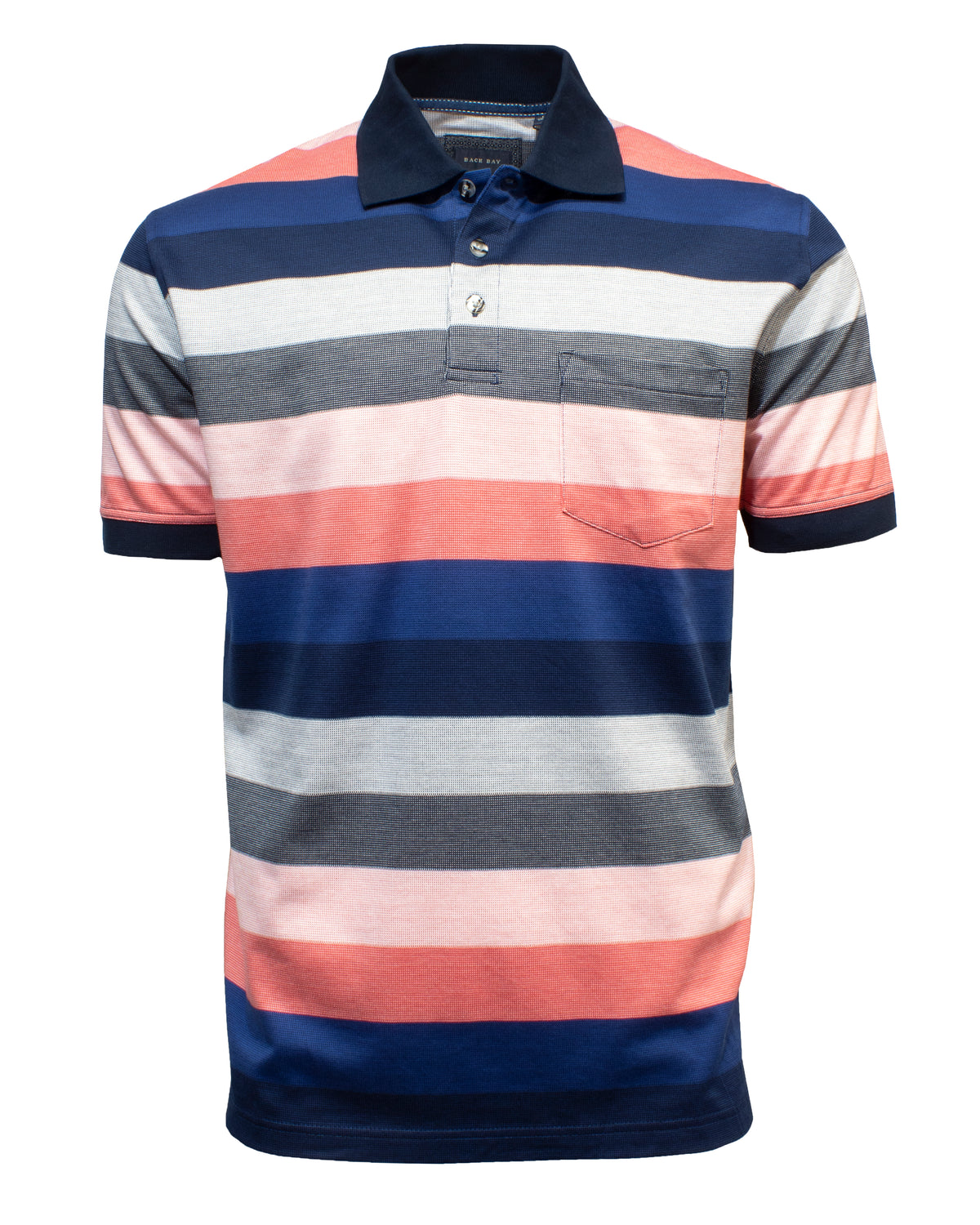 The Back Bay Mercerised Cotton Box Stitch Polo is a comfortable polo shirt featuring horizontal stripes in varying colors including navy blue, pink, gray, and white. This casual polo has a collar with buttons and a small chest pocket on the left side.