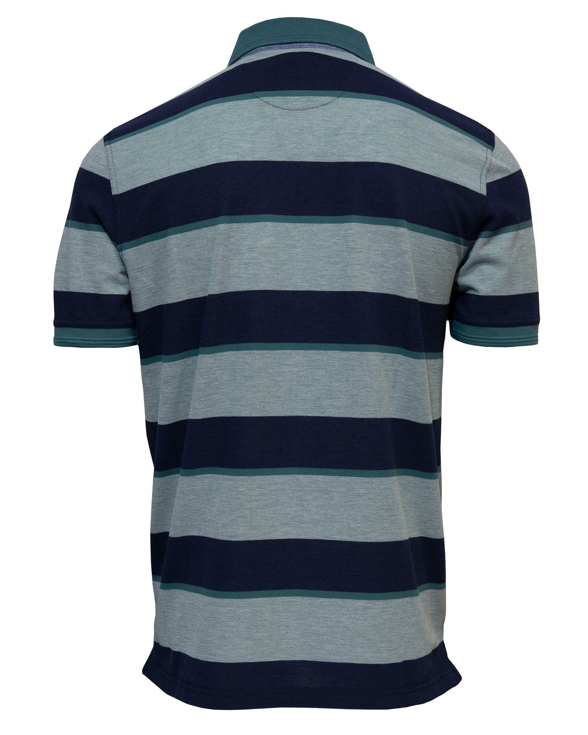 The Back Bay Black Stripe Birdseye Pique Polo is a casual, comfortable short-sleeve shirt with horizontal blue and gray stripes, a collar, and ribbed sleeve cuffs, shown from the back.