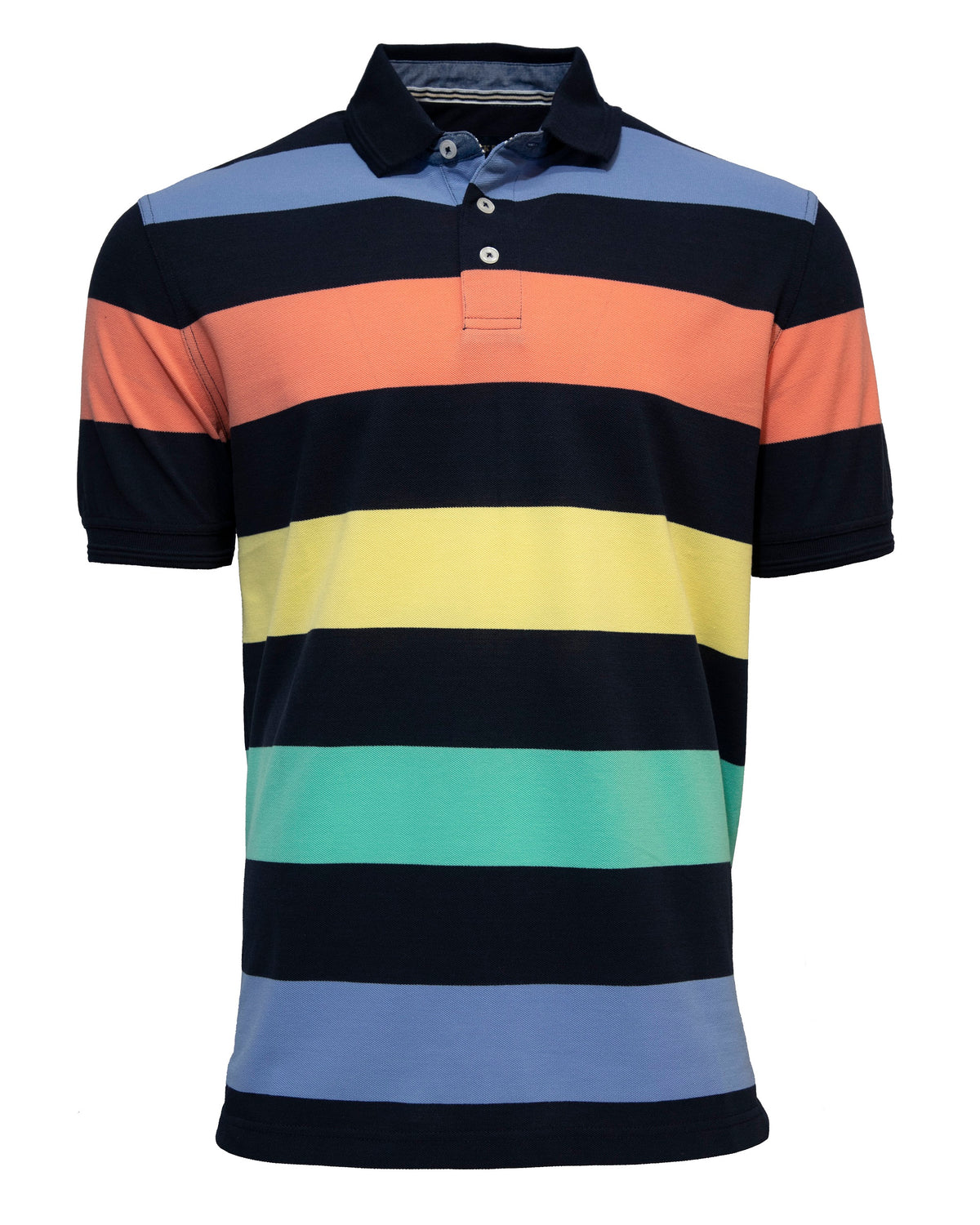 The Back Bay Multi Block Stripe Polo offers a timeless look with its stylish design, featuring horizontal stripes in black, blue, orange, yellow, green, and light blue. It includes a classic collar and two-button placket.