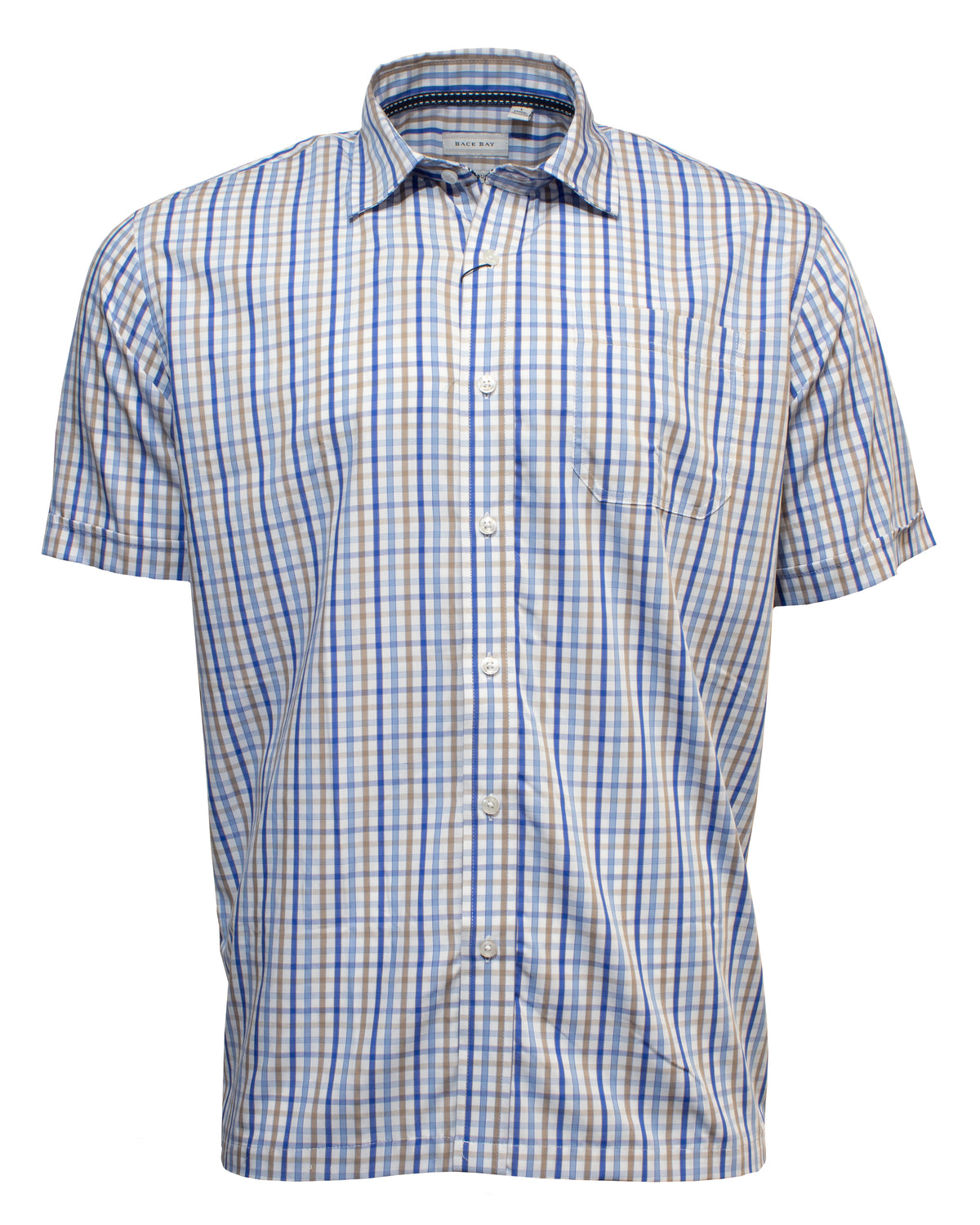 The Back Bay Bamboo Soft Touch Check Shirt is a short-sleeved, button-up with a blue, white, and yellow plaid pattern. Made from a Bamboo/Polyester blend, it features comfort and style with a left-side front pocket and folded collar.