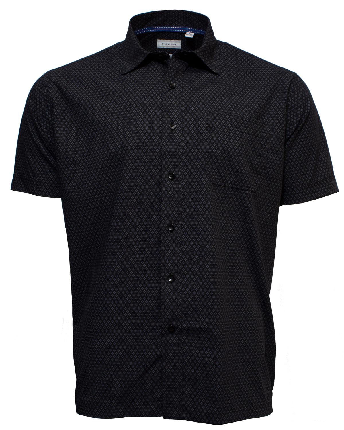 The Back Bay Bamboo Soft Touch Printed Shirt is a dark-colored, short-sleeve button-up shirt with a subtle textured pattern. The collar is neatly folded, and the shirt has a standard fit. Made from Bamboo Polyester, this comfortable shirt features black buttons that match the overall stylish design.