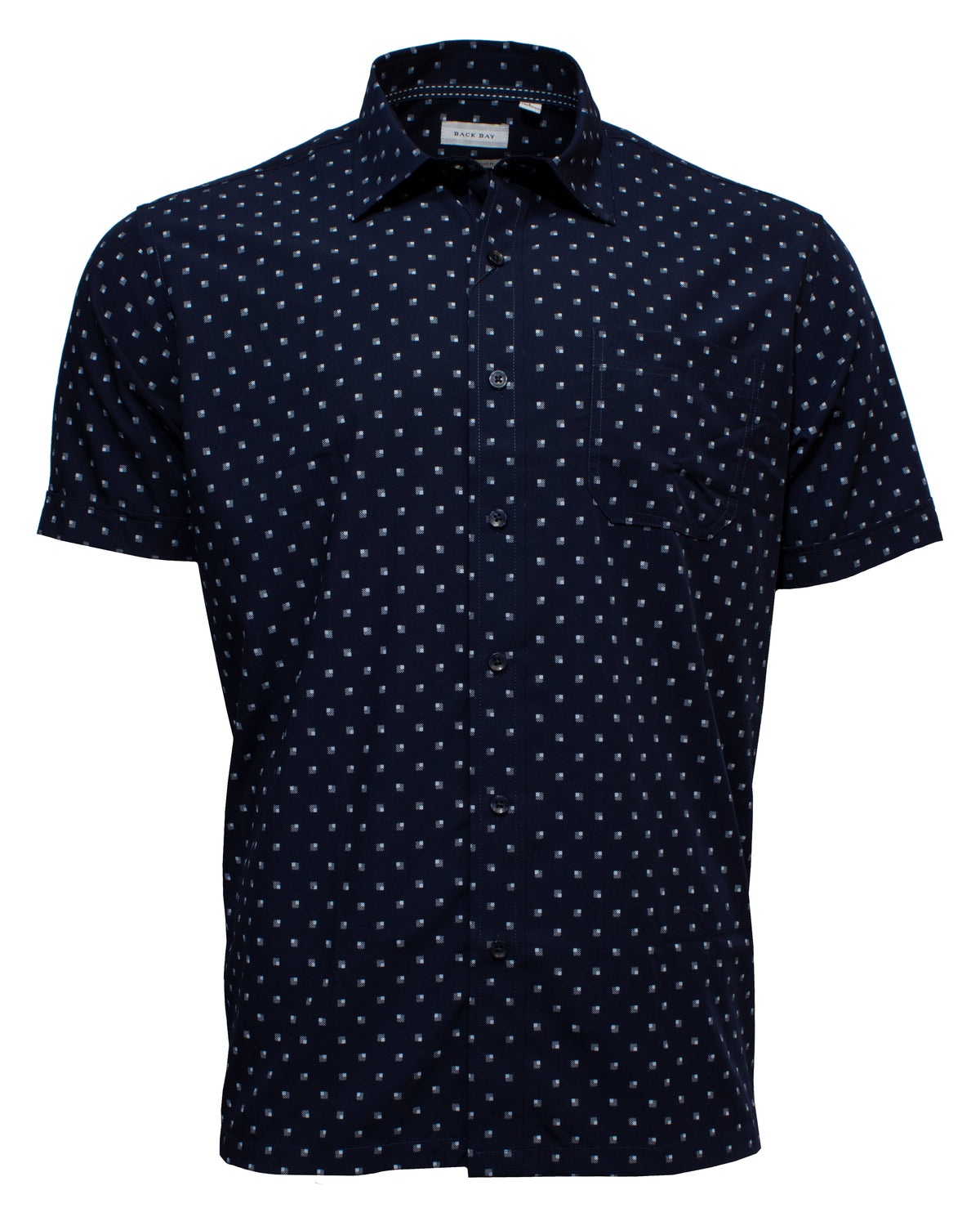 The Back Bay Bamboo Soft Touch Printed Shirt is a navy blue short-sleeve button-up, made from a comfy Bamboo/Polyester blend. It boasts a small white square pattern, classic collar, and left-side front pocket.