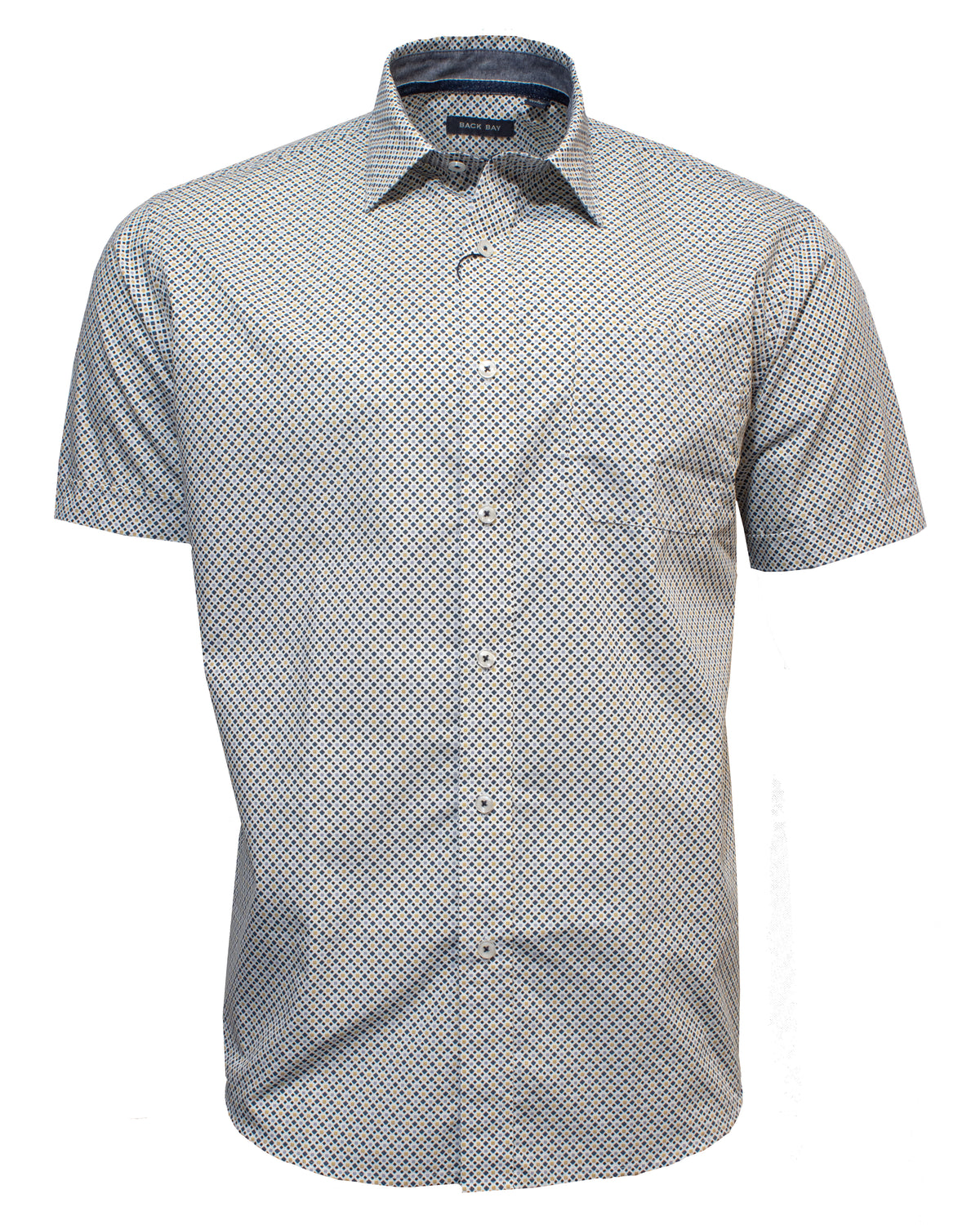 The Back Bay Soft Washed Printed Shirt is a comfy short-sleeve, button-up with a gray and blue geometric pattern. It features a left chest pocket and pointed collar, ideal for casual elegance.