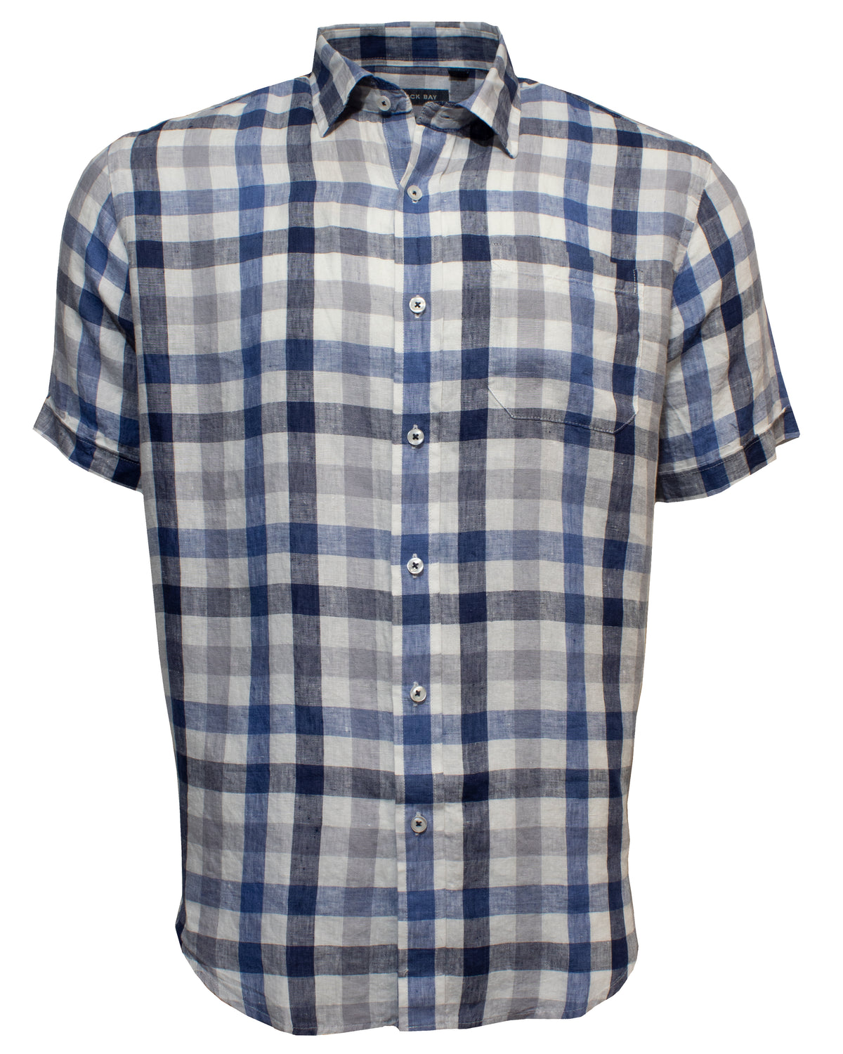 The Back Bay Linen Check Shirt is a short-sleeved, button-up linen shirt with a blue and white plaid, featuring a single breast pocket and classic collar for breezy style.