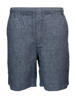 The Back Bay Linen Elastic Waist Short is a comfortable pair of blue-gray shorts featuring an elastic waistband and front stitching detail. These relaxed fit shorts end above the knee and are perfect for casual wear in warm weather.