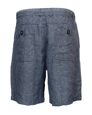 The Back Bay Linen Elastic Waist Short for men is shown from the back, displaying an elastic waistband and two back pockets with button closures. These comfortable blue chambray shorts are perfect for any casual outing.