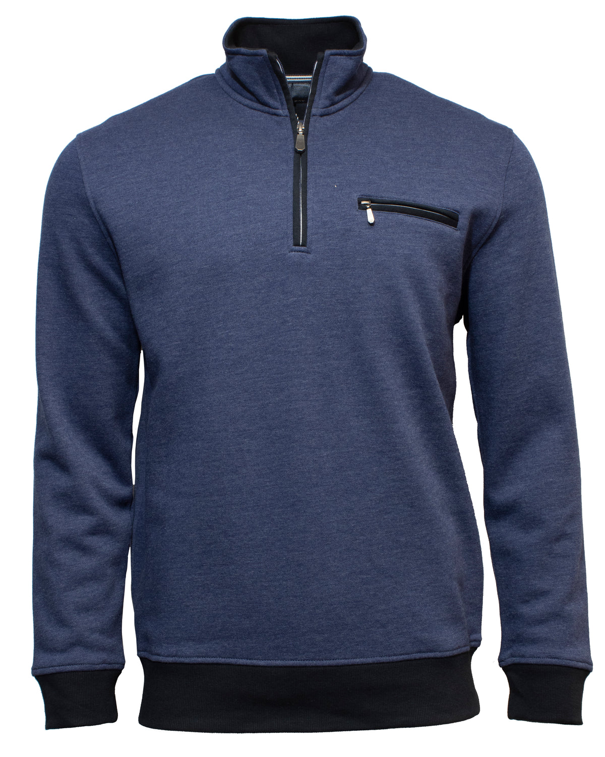 The Back Bay Plain Half Zip Sweat in denim features long sleeves, a black collar, zippered chest pocket, and contrasting black cuffs and hem. Casually styled, it's shown on a white background.