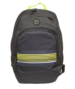 The Rip Curl Ozone 30L School Eco Backpack comes in black and features yellow and green horizontal stripes on the front pocket. Crafted from recycled plastic, it includes a top handle, padded shoulder straps, a main zippered compartment with a laptop section, and a smaller front zippered pocket.