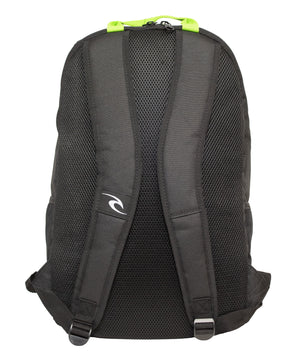 The Rip Curl Ozone 30L School Eco Backpack is a black school backpack featuring mesh padding on the back and adjustable shoulder straps. The straps are adorned with a small white logo. Made from recycled plastic, this backpack also includes a bright green handle at the top and a dedicated laptop section.