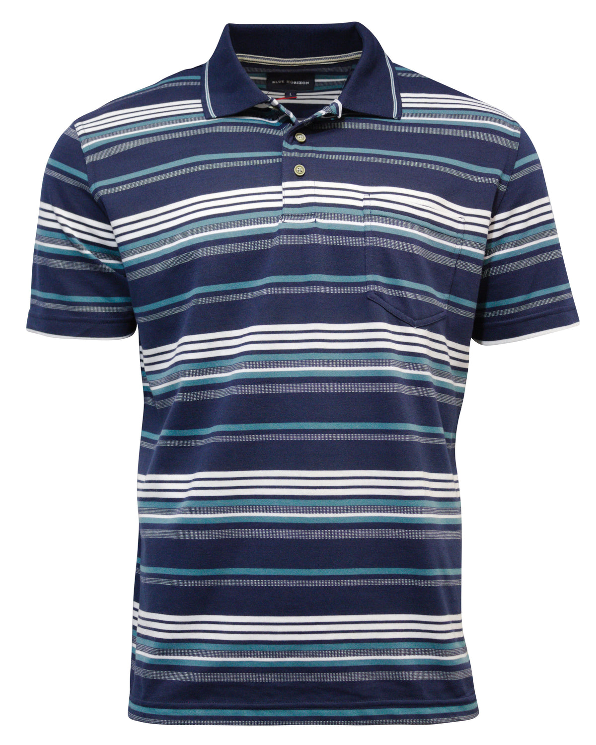 The Blue Horizon Jersey Striped Polo is a casual navy polo shirt with white, light blue, and teal stripes. It has a regular fit, short sleeves, a collar with a buttoned placket, and a handy chest pocket.