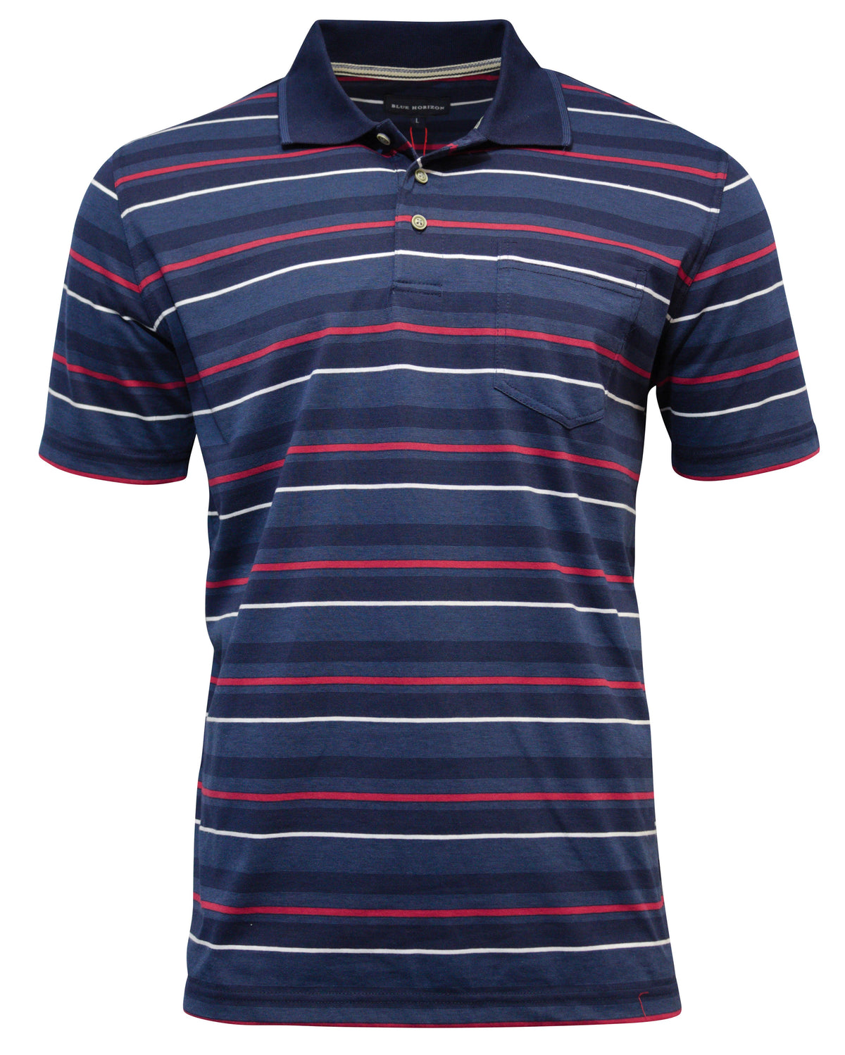 The Blue Horizon Jersey Stripe Polo is a regular fit shirt with short sleeves, a classic collar, and horizontal stripes in blue, pink, and white. It features a single chest pocket on the left and neckline buttons for a timeless look.