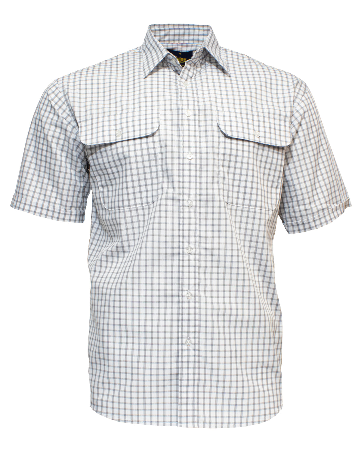 The Bisley Countryman Short Sleeve Shirt is a button-up with a checkered pattern in light blue and gray. Crafted from a durable Polyester/Cotton blend, it boasts two large front chest pockets with button flaps and a standard collar, offering a relaxed and casual style.