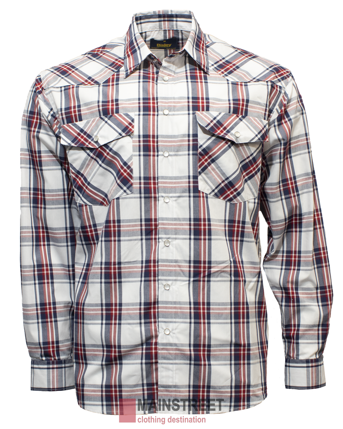 The Bisley Western Shirt features long sleeves, button-down front, a white base with red, navy, and gray stripes, a classic collar, two chest pockets with buttoned flaps, and is made from a comfortable polyester/cotton blend.