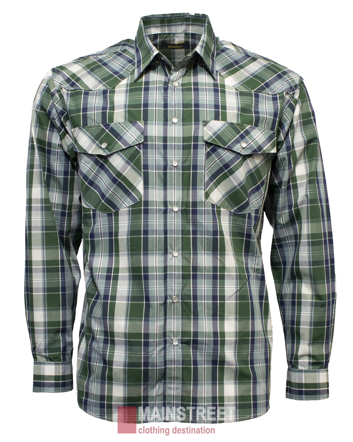 The Bisley Western Shirt is a long-sleeved shirt with a green, blue, and white plaid pattern, made from a durable polyester/cotton blend and featuring two front chest pockets with buttoned flaps.