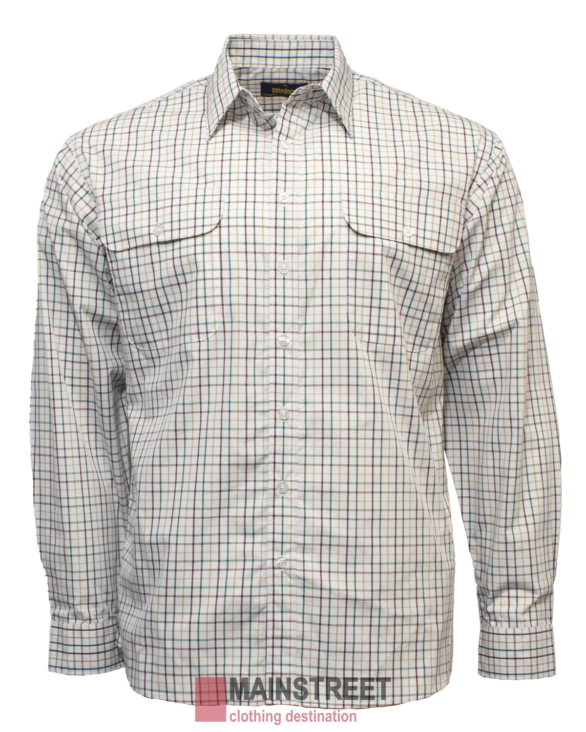 The Bisley Countryman Shirt is a long-sleeved plaid button-up in red, blue, and green on a white background, made from a durable polyester/cotton blend. It includes two buttoned chest pockets and has the "MAINSTREET clothing destination" label at the bottom.