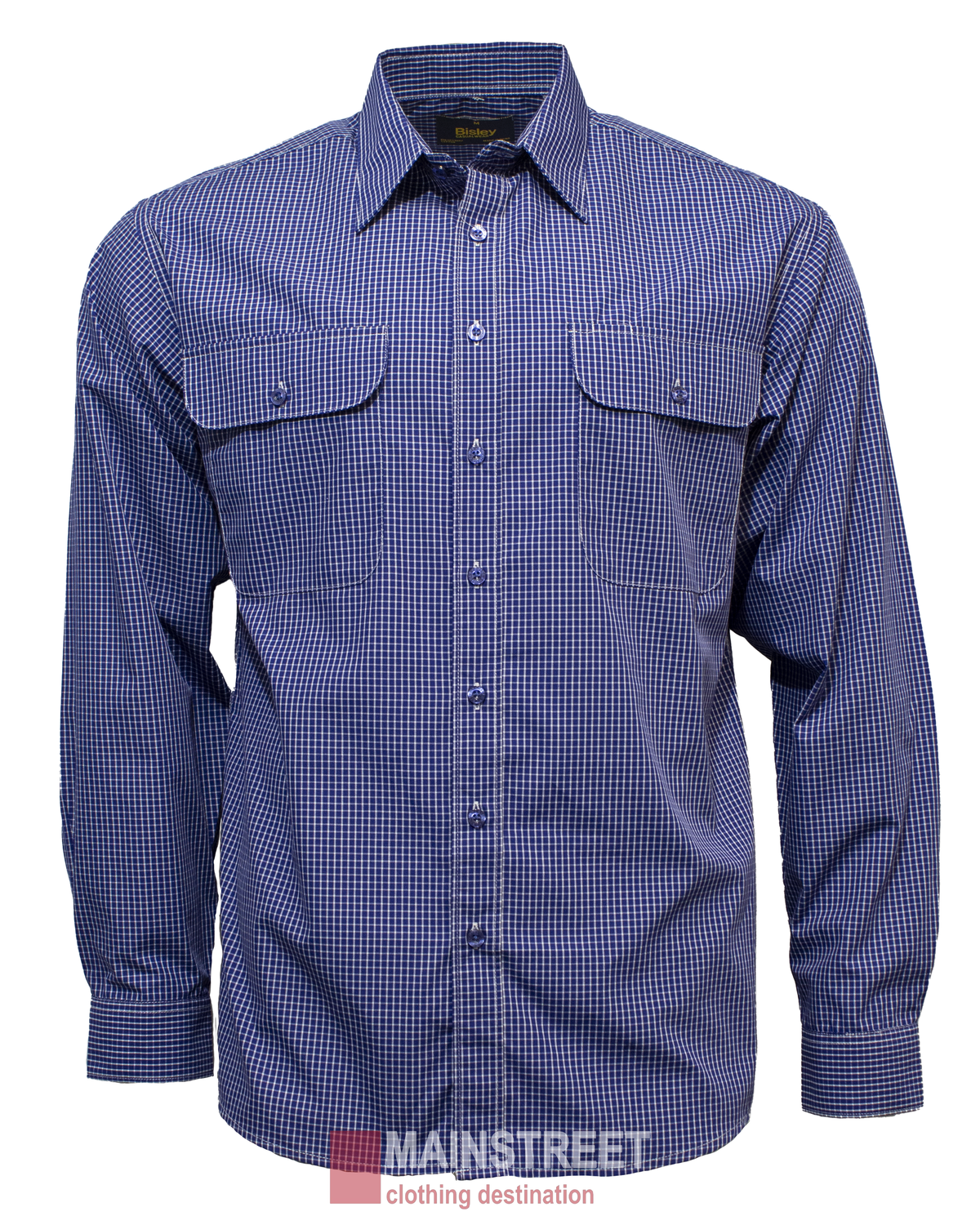 The Bisley Countryman Shirt is a long-sleeved blue checkered shirt made from a durable polyester/cotton blend with two chest pockets, shown on a plain white background with the "Mainstreet clothing destination" logo at the bottom.