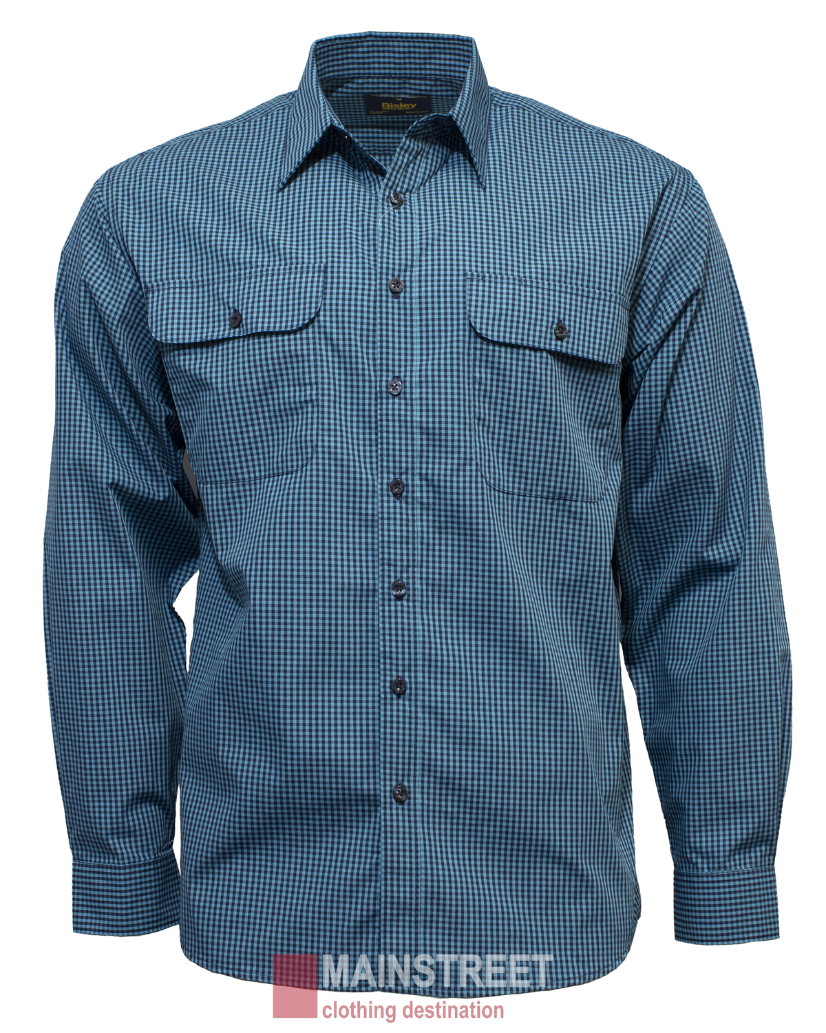 The Bisley Countryman Shirt features a blue and black checkered design, made from a durable polyester/cotton blend with two chest pockets. Shown with sleeves down on a plain white background.