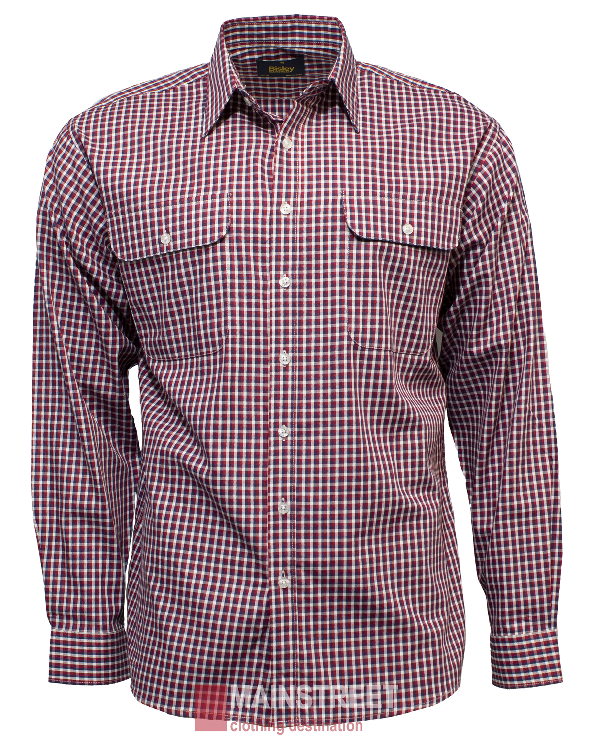 The Bisley Countryman Cotton Shirt features a long-sleeved design with a red, blue, and white checkered pattern, two buttoned chest pockets, and a collar. It is showcased against a plain white background.