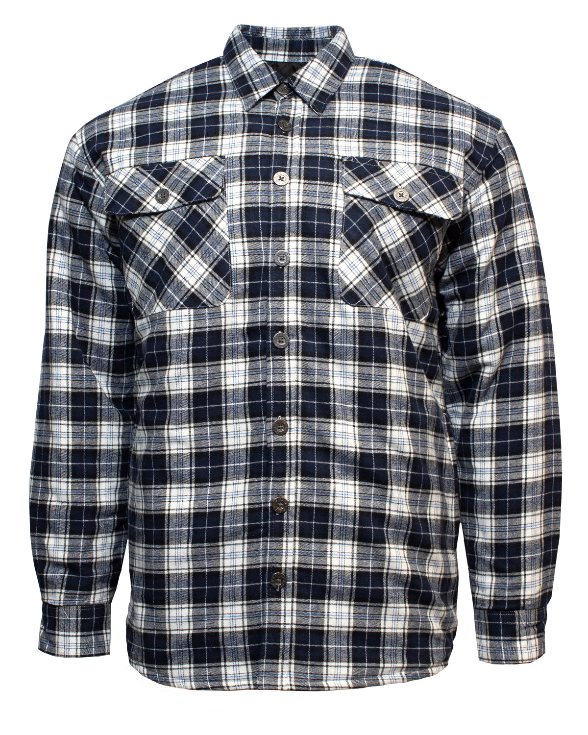 The Bisley Quilted Flannelette Shirt features long sleeves, a black/white/blue plaid pattern, two button-flap chest pockets, and soft brushed cotton for comfort.