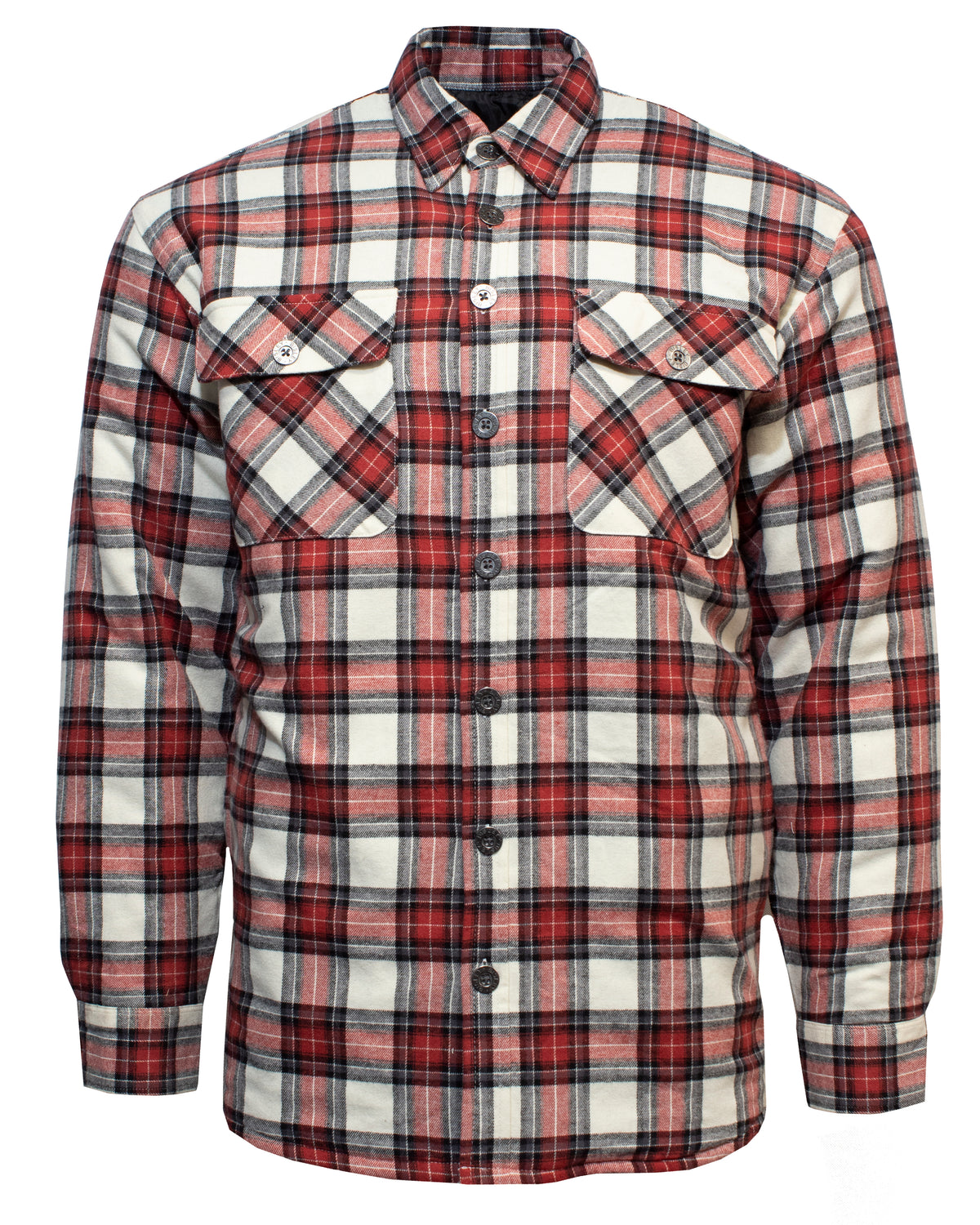 Bisley Quilted Flannelette Shirt in red, black, and white plaid with long sleeves, button front, and two chest pockets with button flaps. Made from soft brushed cotton; shown on a white background.