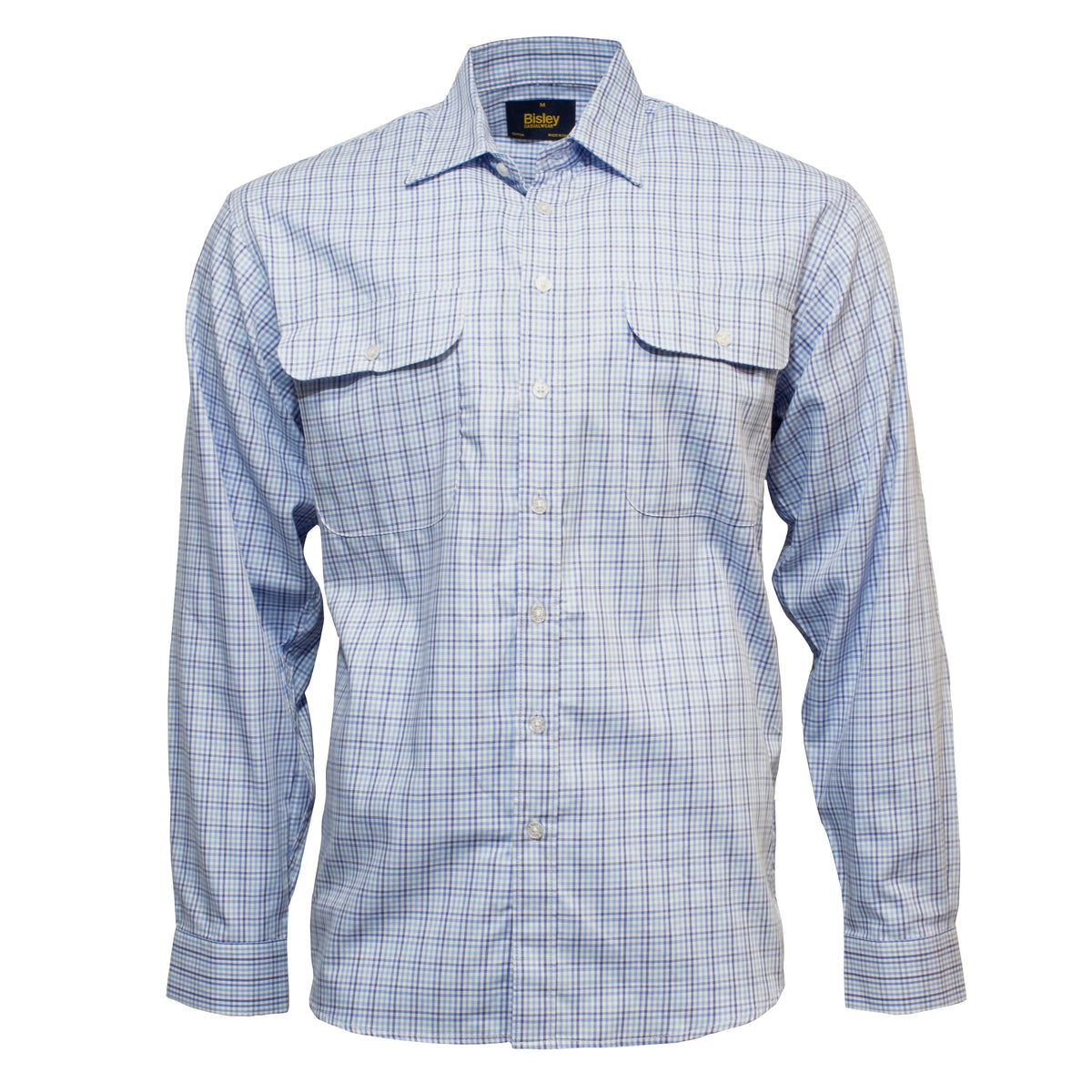 This image displays the Bisley Countryman Cotton Shirt, showcasing a long-sleeved, button-down design in a light blue and white checkered pattern. Made from 100% cotton, it includes two breast pockets with button closures and a collar.