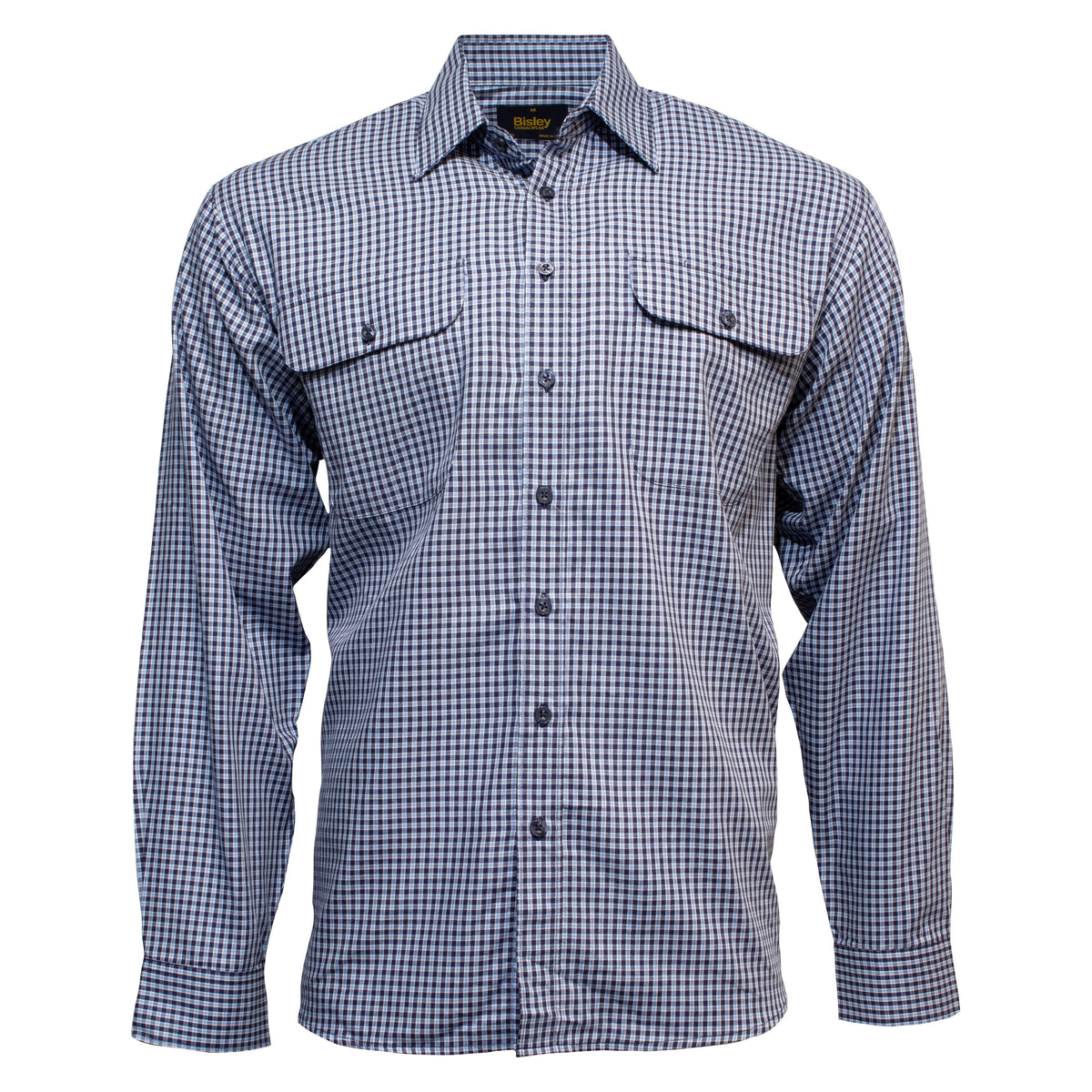 The Bisley Countryman Cotton Shirt is a long-sleeved, button-up shirt with a blue and white checkered pattern. It features two chest pockets with buttoned flaps and is crafted from 100% cotton for comfort and durability.