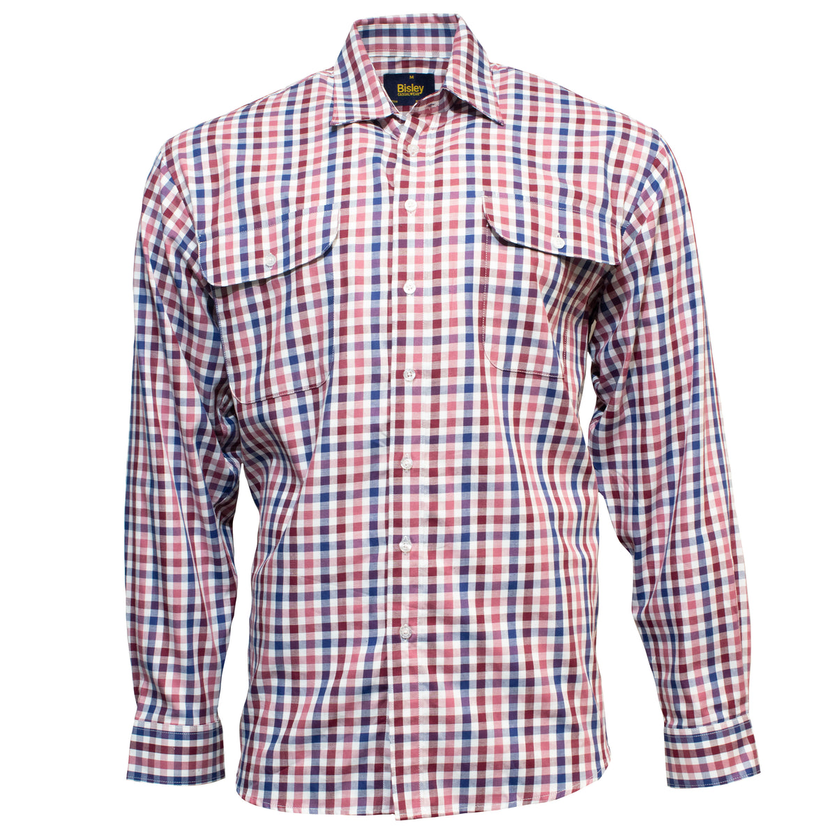 The Bisley Countryman Cotton Shirt features long sleeves, a button-down design in red, white, and blue plaid, two large buttoned chest pockets, white buttons, and a classic collar on an invisible mannequin.
